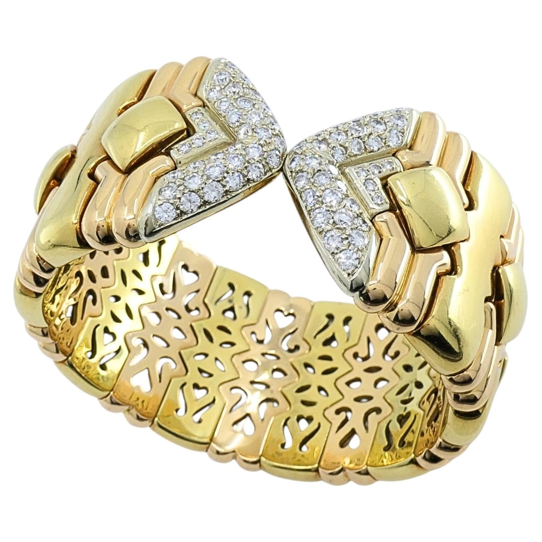 Chopard L.U.C. 18k Gold Diamond Pave Flexible Cuff Bracelet: Chopard L.U.C. 18k Gold Diamond Pave Flexible Cuff Bracelet Estate Chopard flexible cuff bracelet from the 1970s, crafted in multicolor 18k gold and accented with round-cut pave diamonds. The articula