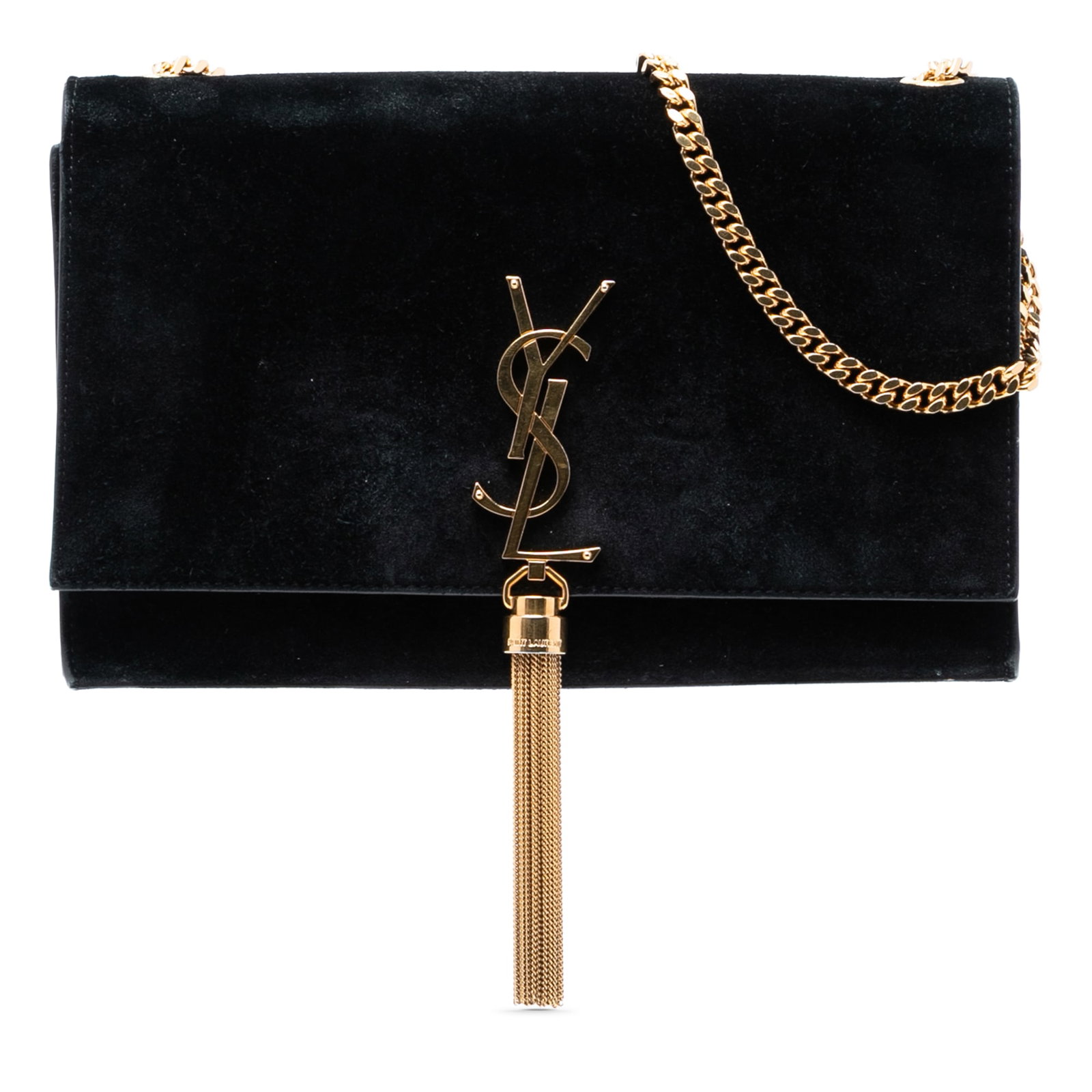 Saint Laurent Kate Medium Black Suede Tassel Chain Crossbody: Saint Laurent Kate Medium Black Suede Tassel Chain Crossbody Saint Laurent Medium Suede Monogram Kate Tassel Crossbody in black suede leather with tassel detail and a gold-tone curb chain shoulder str