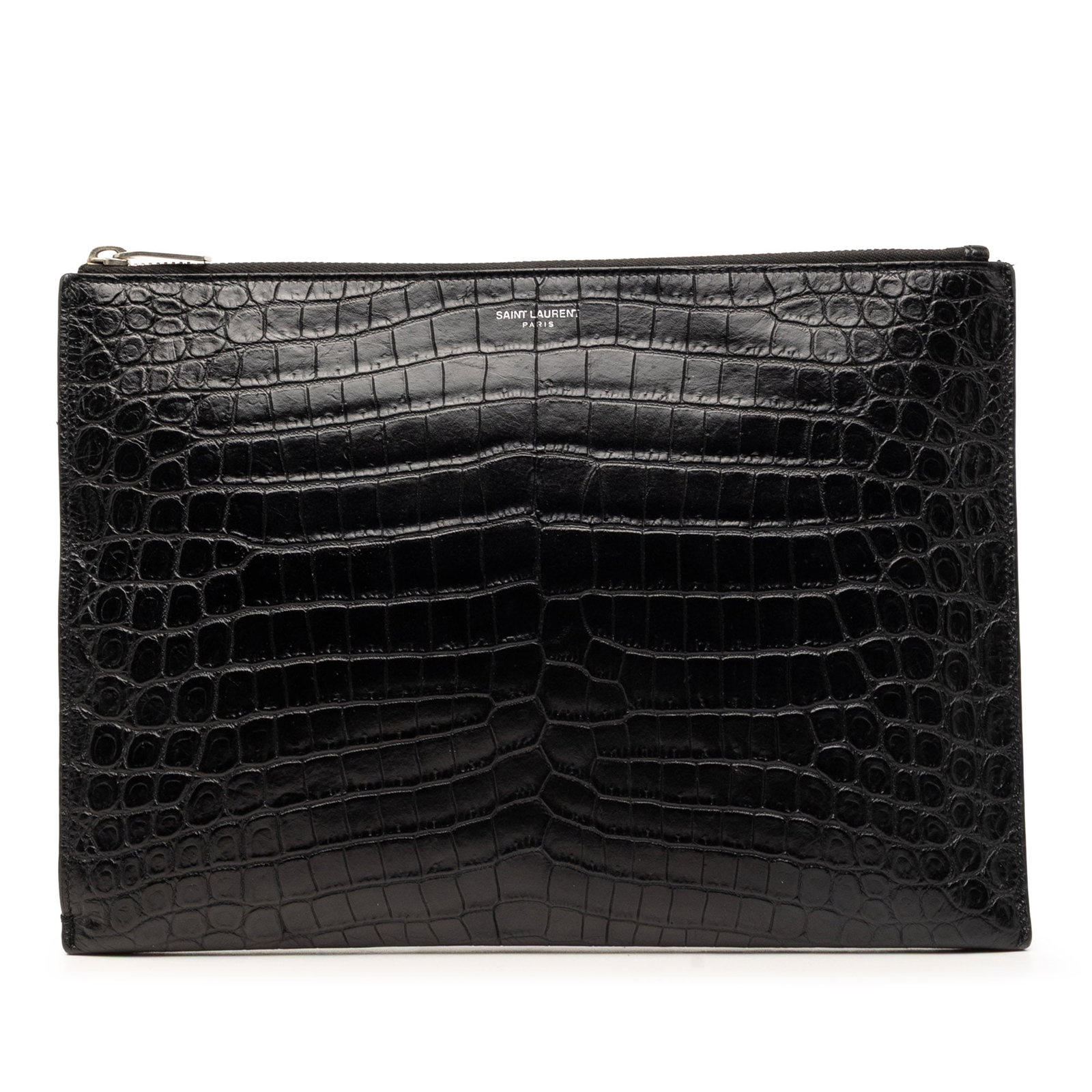 Saint Laurent black leather tablet clutch crocodile embossed zip case: Saint Laurent black leather tablet clutch crocodile embossed zip case Saint Laurent zipped tablet holder crafted in black crocodile-embossed leather. The design features a top zip closure and interior