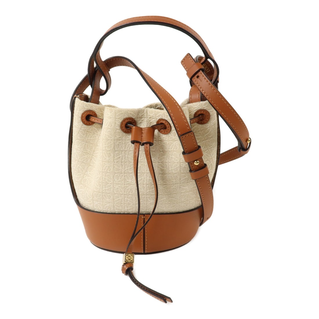 LOEWE Mini Balloon 2 Way Shoulder Bag Beige Brown Calfskin Canvas: LOEWE Mini Balloon 2 Way Shoulder Bag Beige Brown Calfskin Canvas A LOEWE Mini Balloon 2 Way Shoulder Bag in beige and brown, made from calfskin leather and canvas. It features a two-way design with a