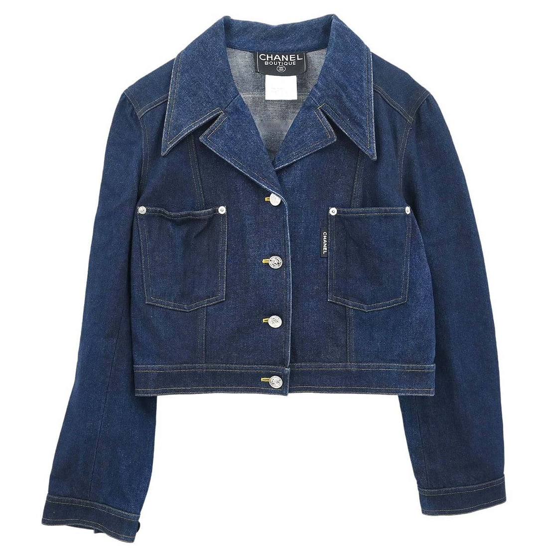 Vintage CHANEL 96P Indigo Denim Jacket FR 40 Collarless: Vintage CHANEL 96P Indigo Denim Jacket FR 40 Collarless Vintage Chanel collarless single-breasted denim jacket in indigo. This women's mid-length jacket features a regular fit, long sleeves, button cl