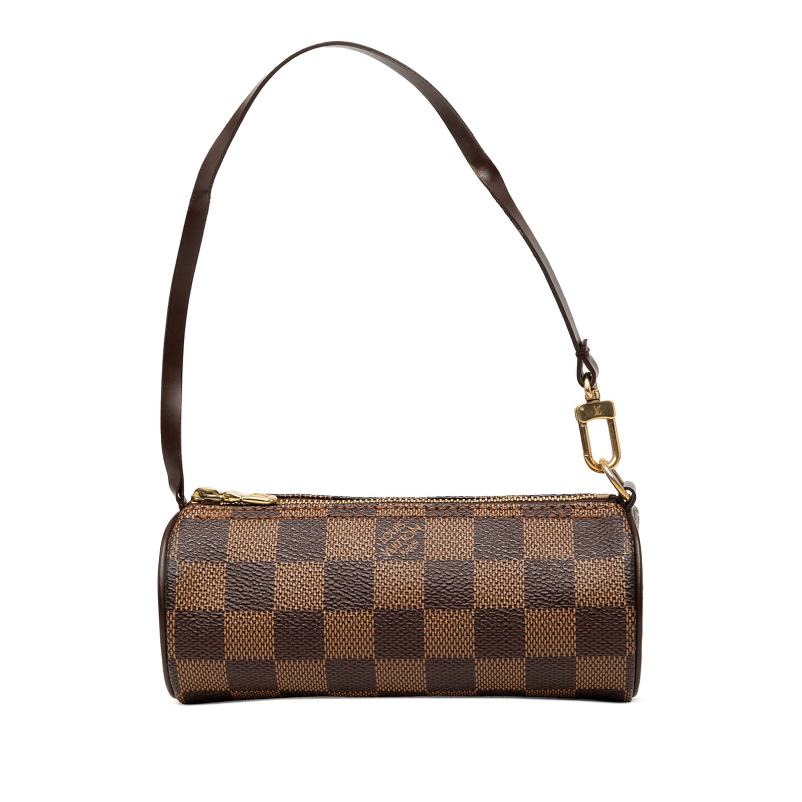 Louis Vuitton Papillon Pochette Damier Ebene Brown Bag: Louis Vuitton Papillon Pochette Damier Ebene Brown Bag A Louis Vuitton Papillon Pochette in Damier Ebene canvas with leather trim, a flat leather strap, and a top zip closure. It is made in France and