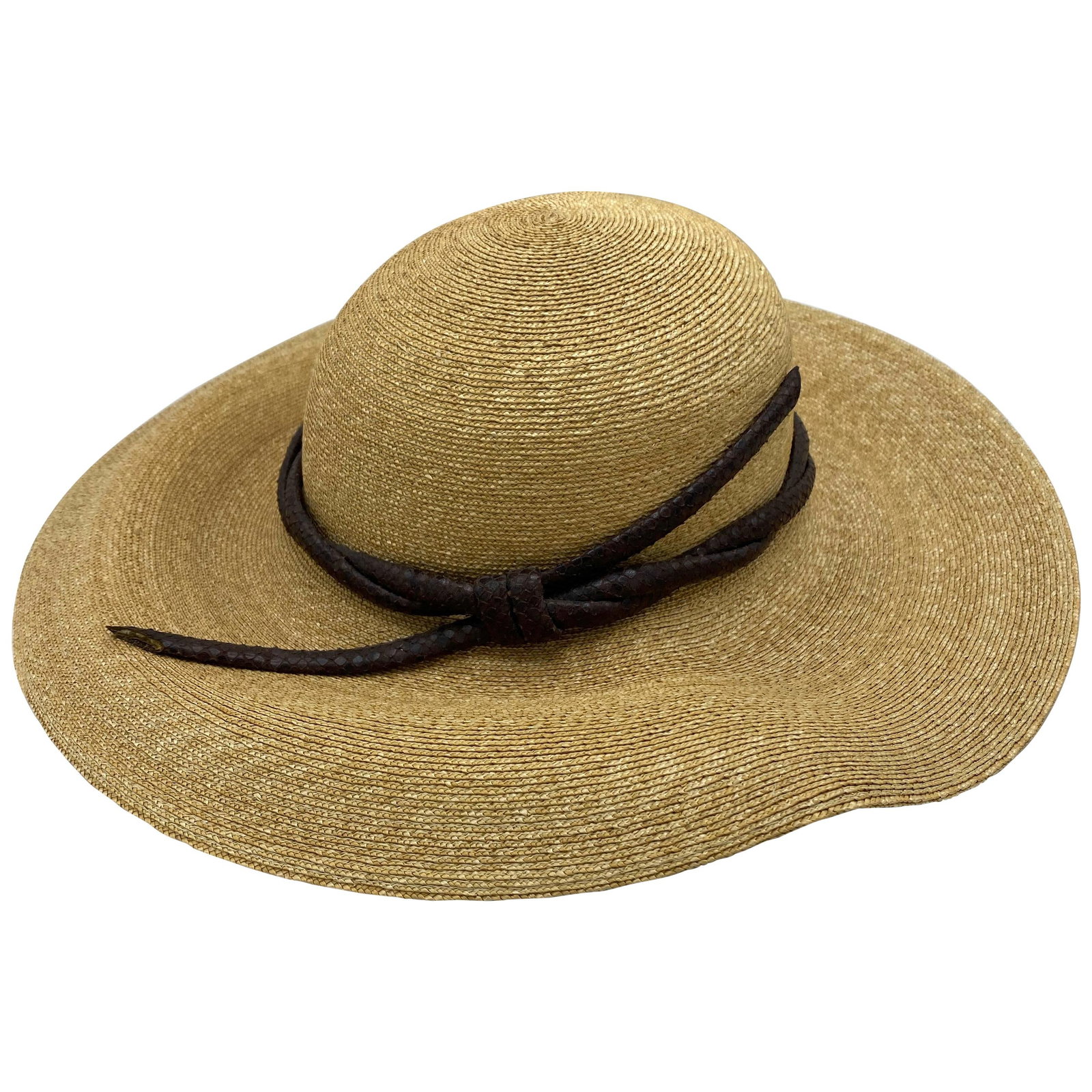 Philip Treacy London straw hat beige with brown animal skin leather detail: Philip Treacy London straw hat beige with brown animal skin leather detail A Philip Treacy London hat in light beige straw with a brown animal skin leather cord-like design detail around the crown. It
