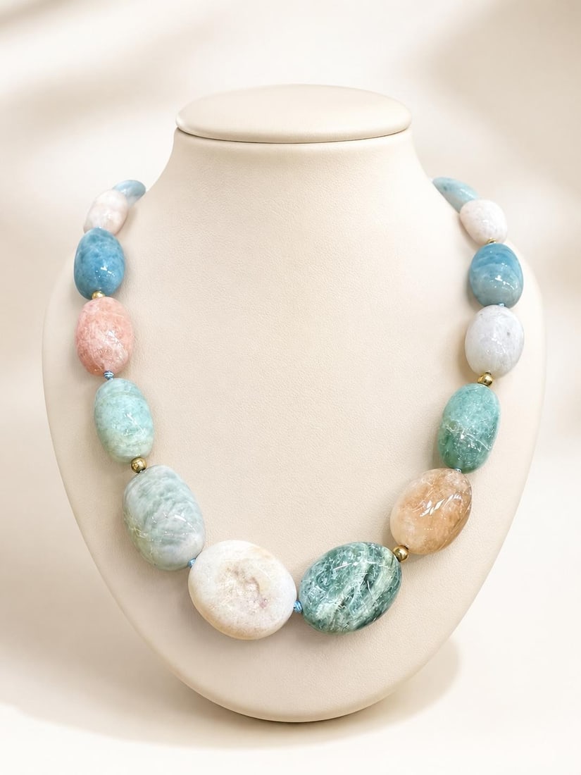 Unbranded 18in Hardstone Beaded Necklace with 14k Gold Clasp: Unbranded 18in Hardstone Beaded Necklace with 14k Gold Clasp Bold and colorful statement necklace featuring polished tumbled natural hardstones in pastel multi colors, accented with 14k yellow gold be