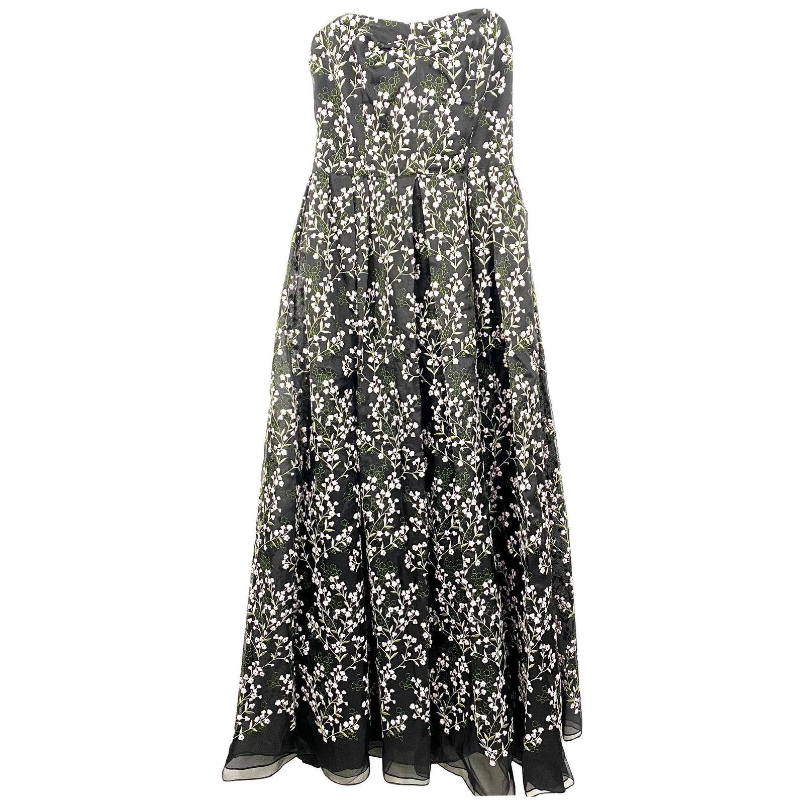 Erdem strapless silk evening dress with floral embroidery US 8: Erdem strapless silk evening dress with floral embroidery US 8 An Erdem evening dress in black silk with floral pattern embroidery detail in pink and green. It features a strapless neckline, midi leng