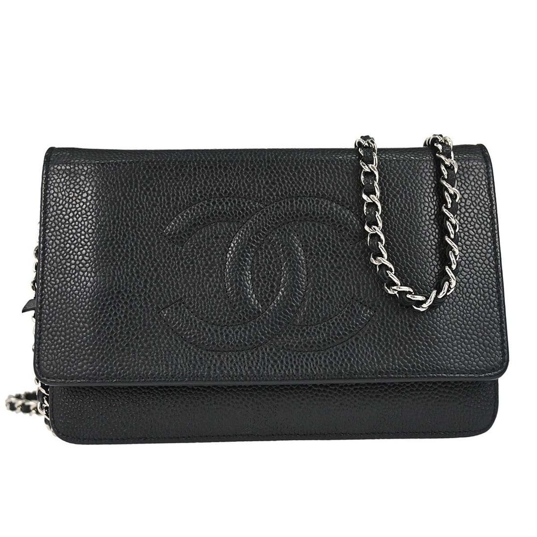 CHANEL Timeless WOC black caviar leather wallet on chain bag: CHANEL Timeless WOC black caviar leather wallet on chain bag Chanel Timeless WOC wallet on chain shoulder bag in black caviar skin leather. This women's folding wallet features a chain shoulder strap 