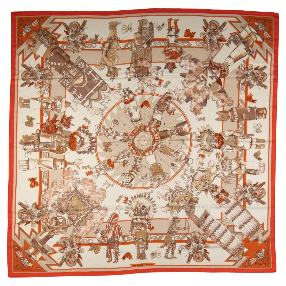 Hermes Kachinas silk scarf with box 52 in France: Hermes Kachinas silk scarf with box 52 in France Rare Hermes Kachinas scarf featuring the collectible Kermit Oliver design. Made of 100% silk with hand-rolled edges, this piece comes with its original