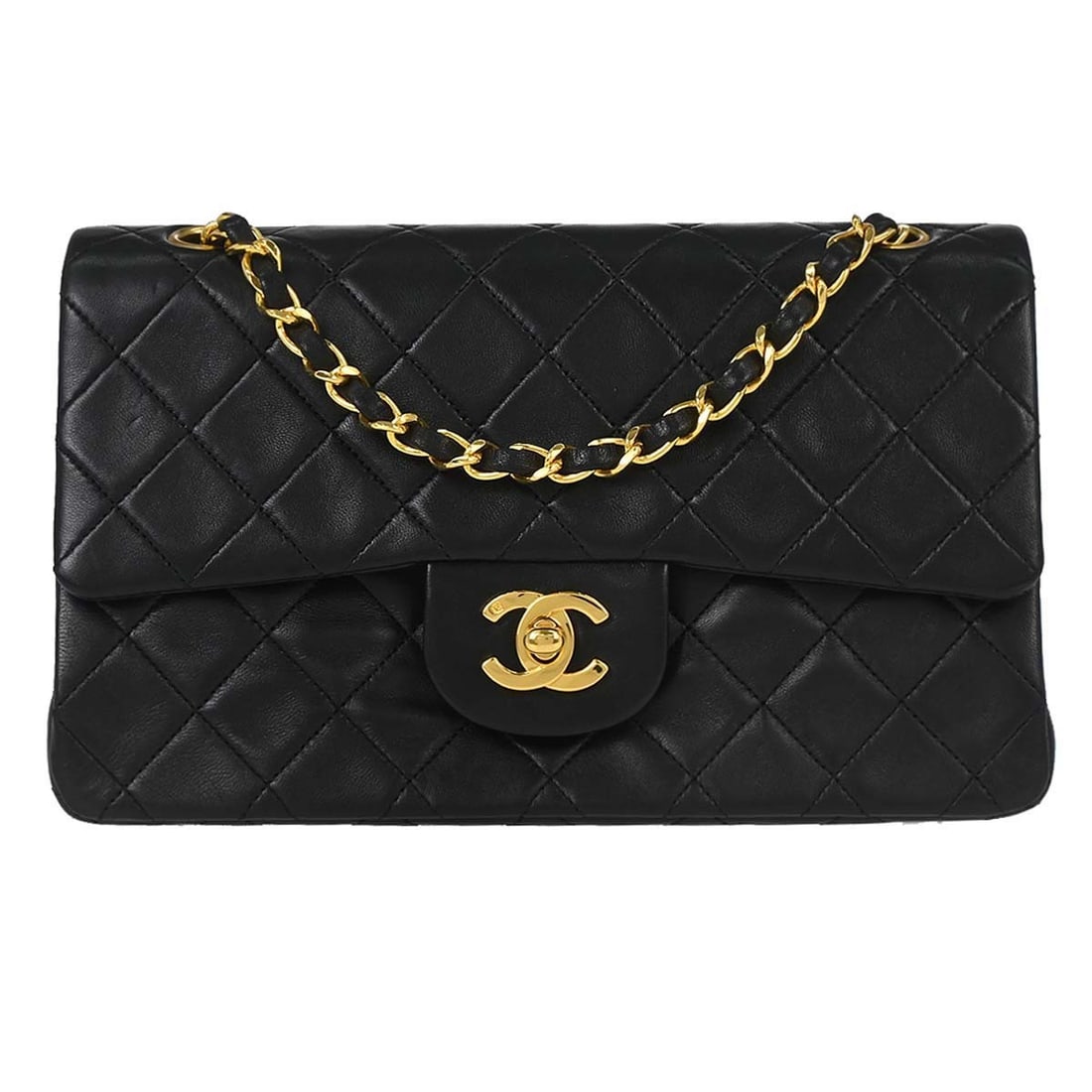 CHANEL Classic Double Flap Small Black Lambskin Shoulder Bag: CHANEL Classic Double Flap Small Black Lambskin Shoulder Bag Chanel Small Classic Double Flap shoulder bag in black lambskin with matelasse quilting and a flap turnlock closure. This women's shoulder 