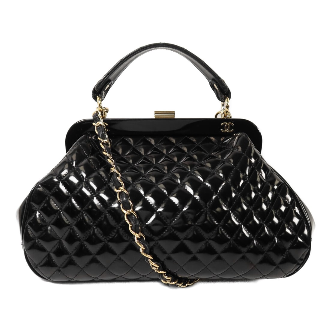 CHANEL CC 2 Way Shoulder Bag Black Patent Leather GHW: CHANEL CC 2 Way Shoulder Bag Black Patent Leather GHW A CHANEL 2-way shoulder bag crafted in black patent leather. It features a black frame color, a handle drop of 26 cm, and includes one inside zip 