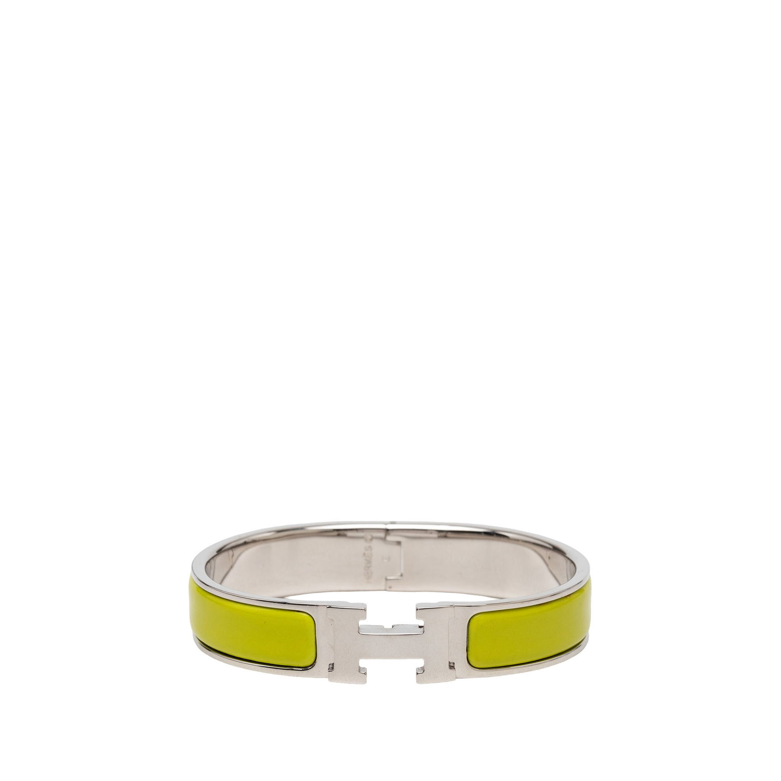 Hermes Clic H GM Narrow Enamel Bracelet Yellow: Hermes Clic H GM Narrow Enamel Bracelet Yellow Hermes Narrow Enamel Clic H Bracelet GM featuring an enamel body with palladium-plated metal and a metal clasp closure. Includes the dust bag and box. Co