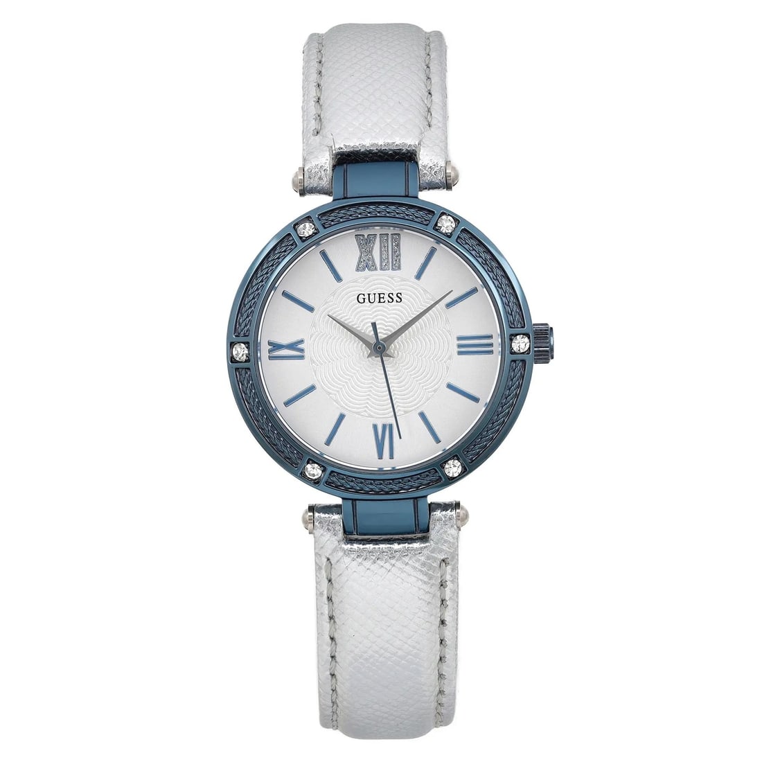 GUESS Park 30mm Silver Dial Ladies Quartz Watch W0838L3 Blue Bezel Leather Band (1 of 4)