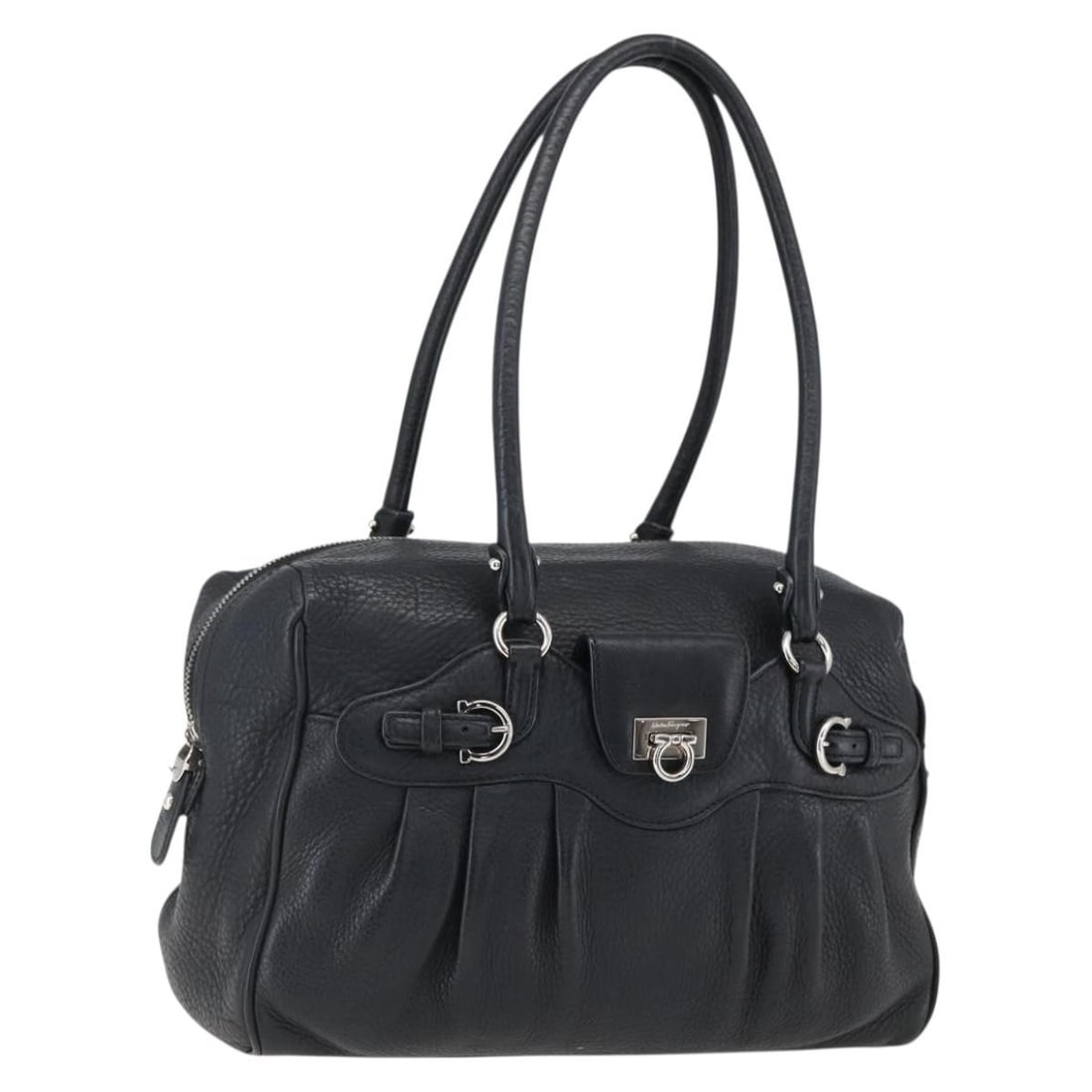 Salvatore Ferragamo Black Leather Gancini Handbag Silver Italy (1 of 18)
