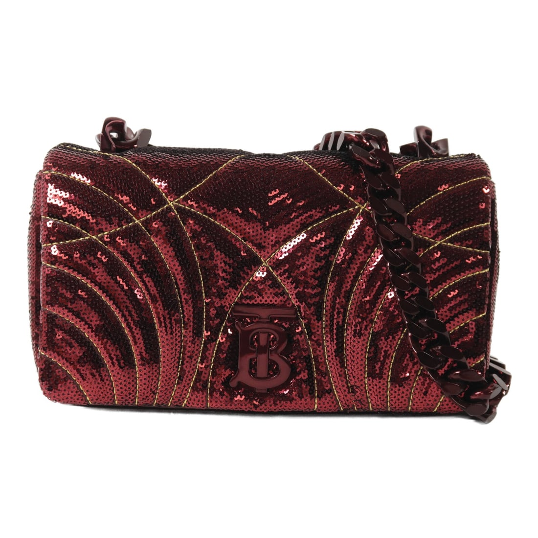 BURBERRY Lola Small Red Spangle Shoulder Bag Limited Edition: BURBERRY Lola Small Red Spangle Shoulder Bag Limited Edition A Burberry Lola Small Shoulder Bag in red spangle finish, presented as a women's shoulder bag with a regular size type. It features a magne