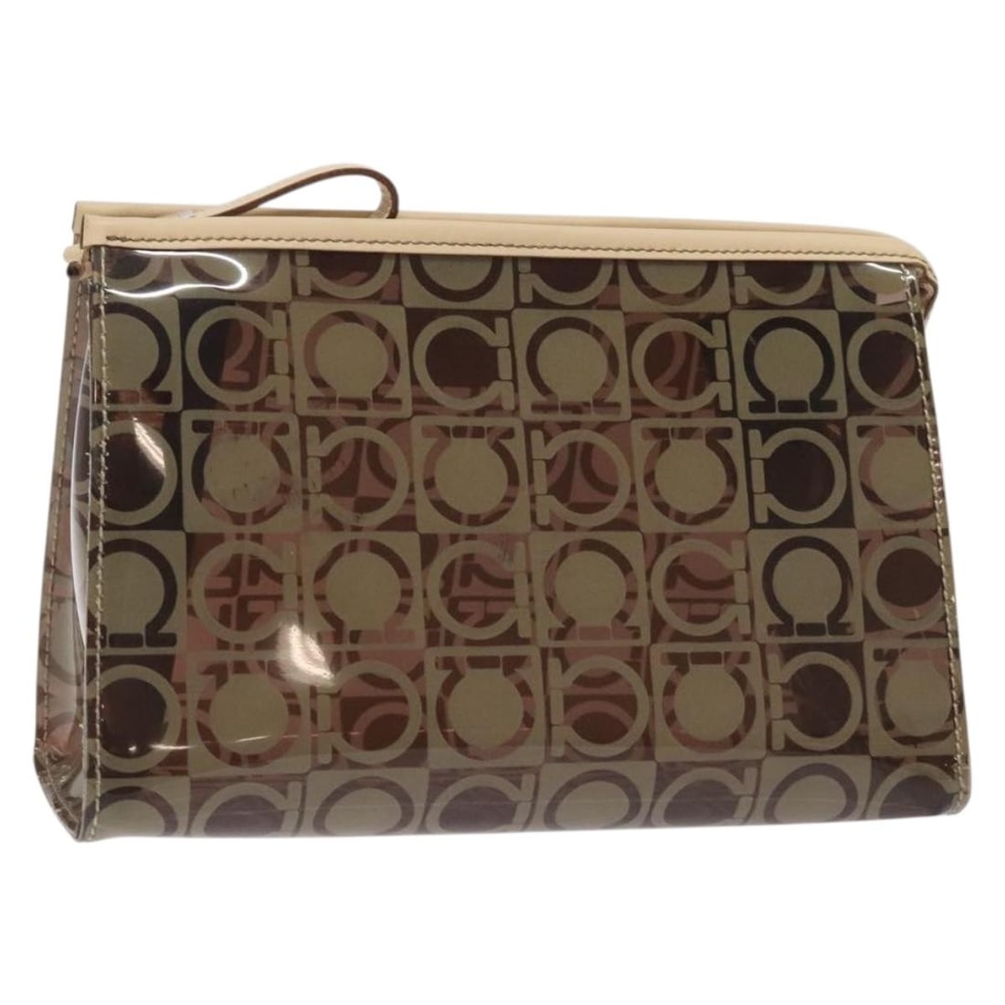 Brown Vinyl Salvatore Ferragamo Gancini Small Pouch 20cm by 12cm: Brown Vinyl Salvatore Ferragamo Gancini Small Pouch 20cm by 12cm This Salvatore Ferragamo Gancini pouch is crafted from brown vinyl and designed for women. Featuring a compact size, this pouch offers 