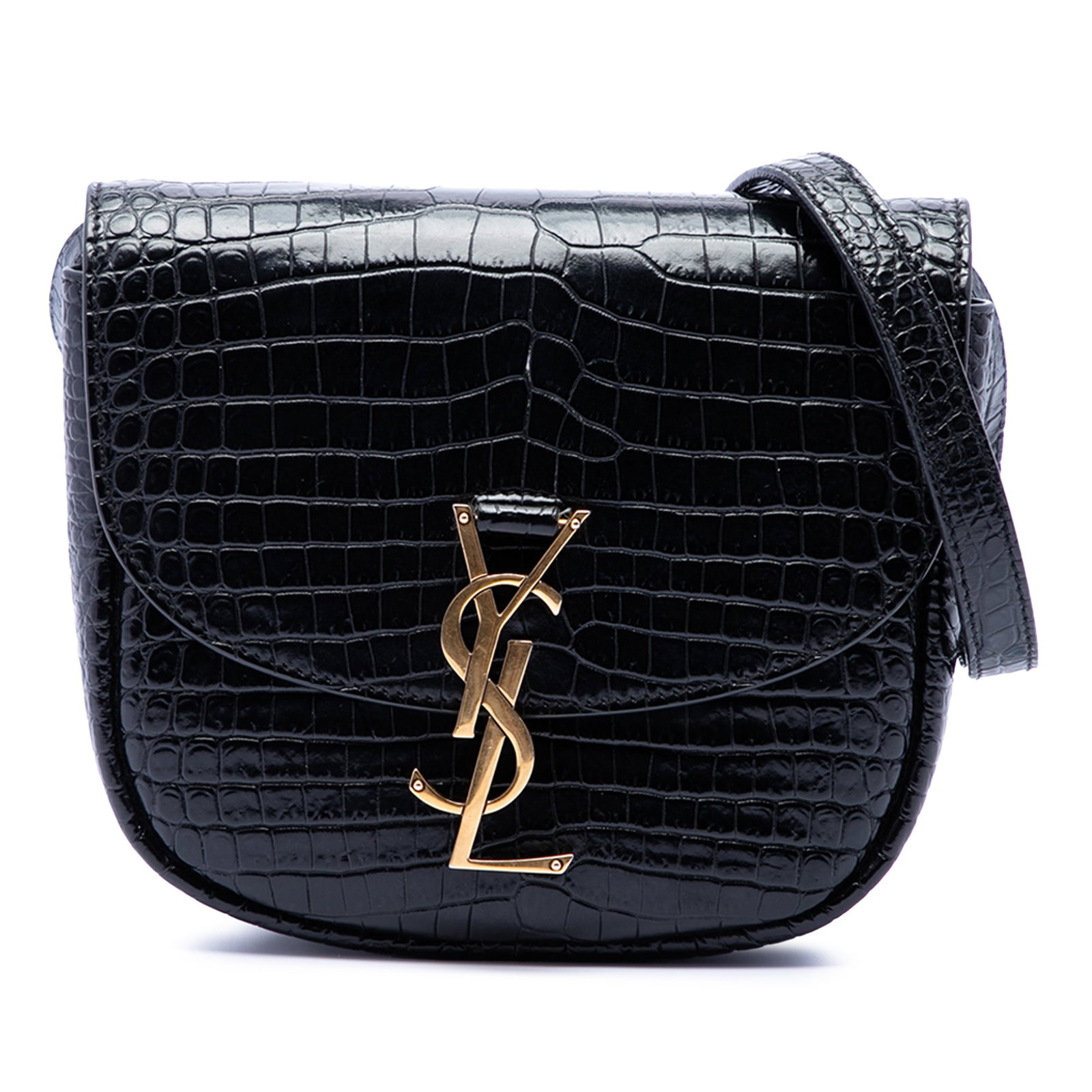 Saint Laurent Kaia black croc embossed leather crossbody: Saint Laurent Kaia black croc embossed leather crossbody This Saint Laurent Small Croc Embossed Monogram Kaia Crossbody features a black embossed leather body with an adjustable flat leather strap. It