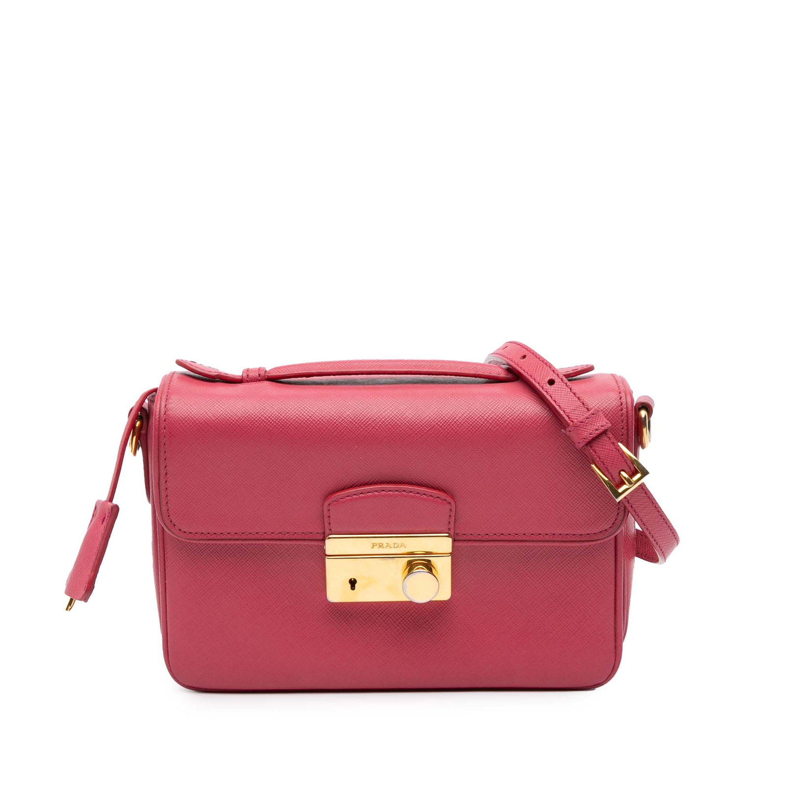 Prada Saffiano Sound Lock Satchel Pink Leather Bag: Prada Saffiano Sound Lock Satchel Pink Leather Bag Introducing the Prada Saffiano Sound Lock Satchel, an elegant accessory crafted from premium saffiano leather. This chic satchel features a flat top 