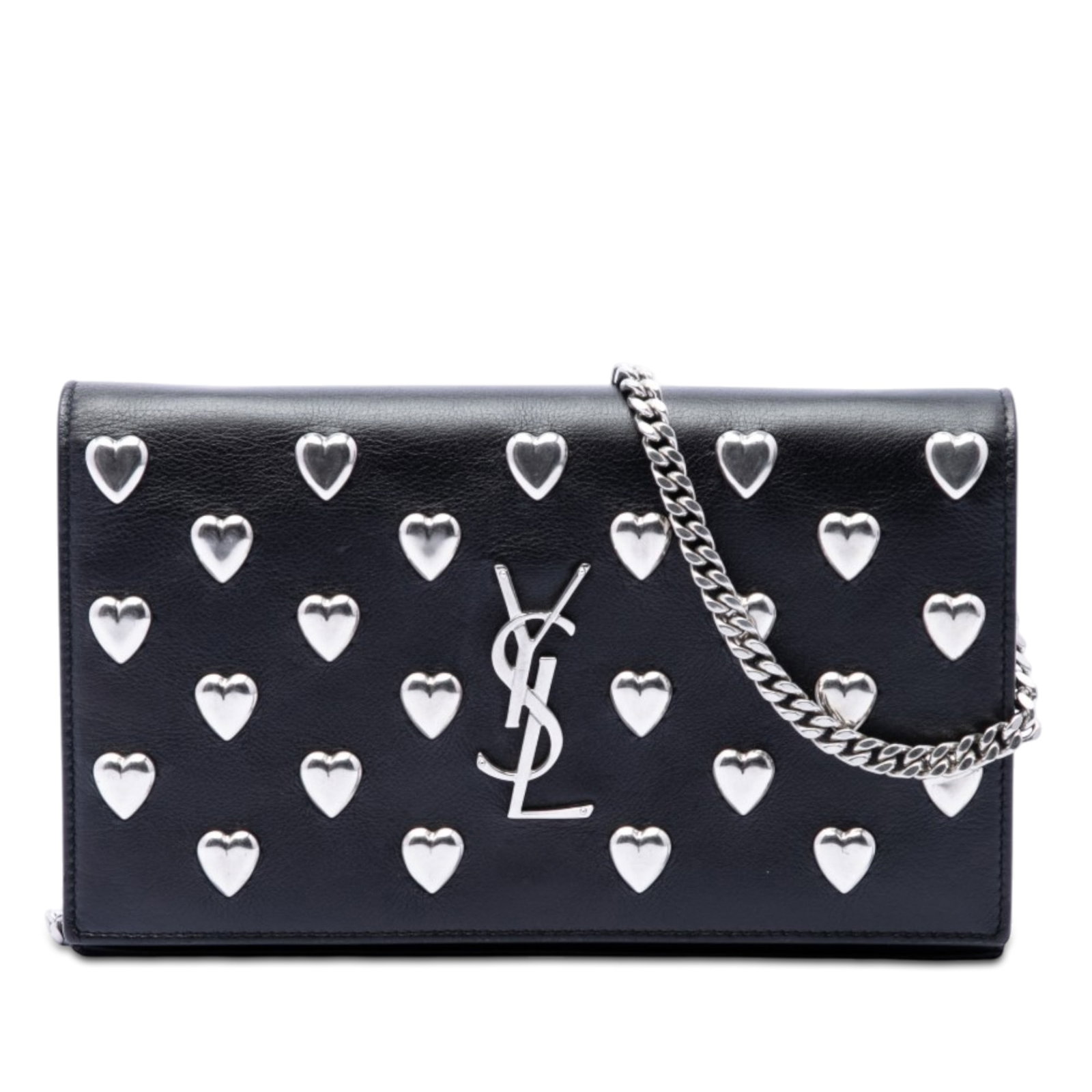 Saint Laurent Kate Heart Studded Leather Crossbody Bag: Saint Laurent Kate Heart Studded Leather Crossbody Bag This Saint Laurent Medium Calfskin Monogram Heart Studded Kate Crossbody bag features a black leather body adorned with heart stud embellishments