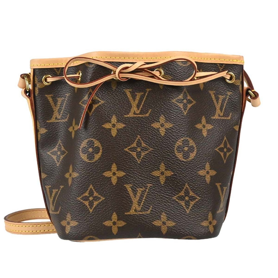 Louis Vuitton Nano Noe Mini Monogram Bucket Bag M41346: Louis Vuitton Nano Noe Mini Monogram Bucket Bag M41346 Louis Vuitton Nano Noe shoulder bag in brown Monogram canvas with leather trim. This mini bucket-style bag features a drawstring closure and a sh