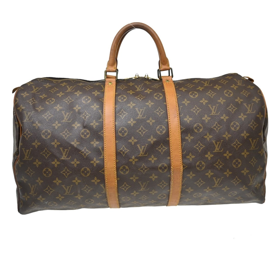Louis Vuitton Keepall Unisex Brown Monogram Canvas Bag: Louis Vuitton Keepall Unisex Brown Monogram Canvas Bag Louis Vuitton Keepall in brown monogram canvas. This unisex travel bag is in good condition with visible wear, including scuffs, discoloration, a