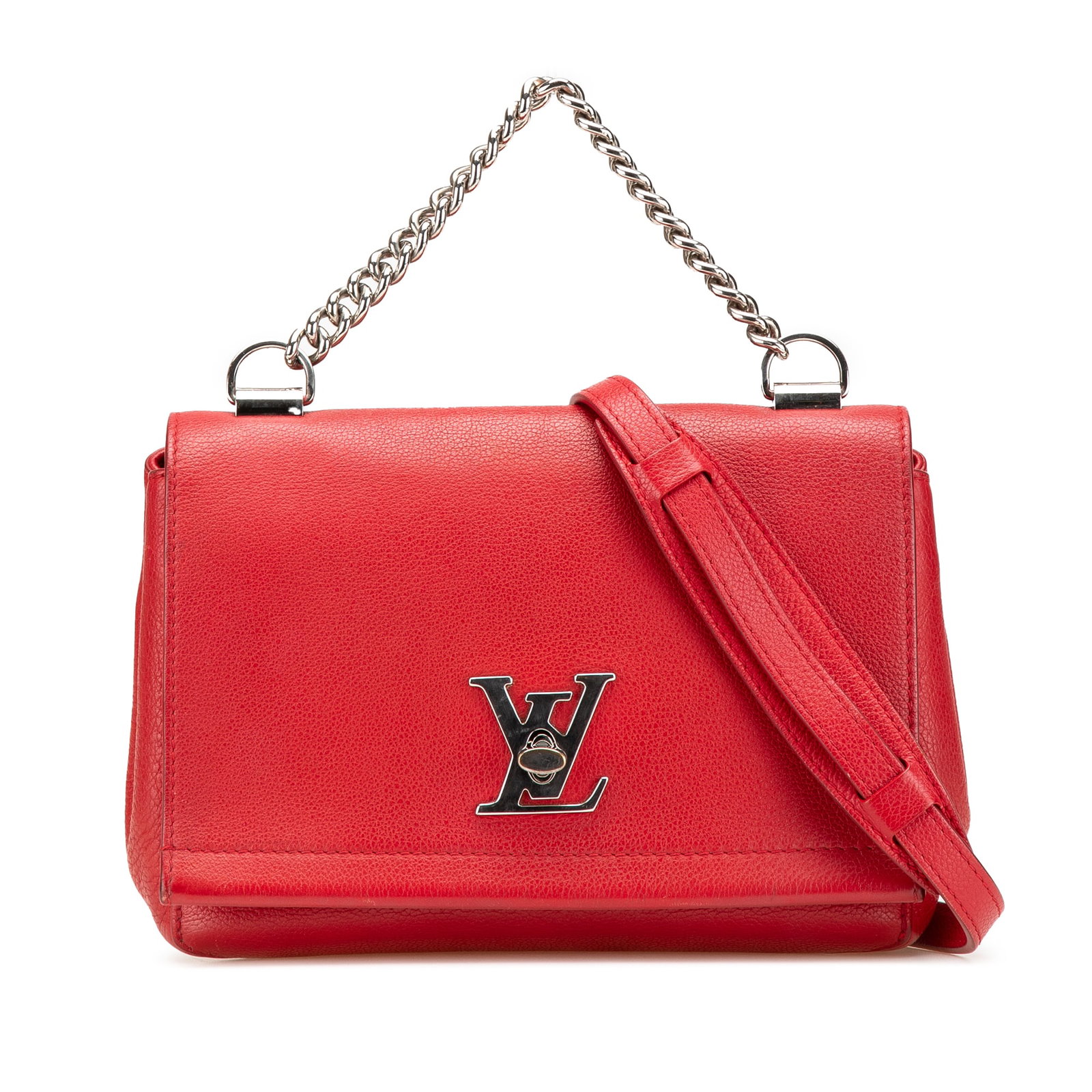Louis Vuitton LockMe II BB Red Leather Handbag with Chain Handle: Louis Vuitton LockMe II BB Red Leather Handbag with Chain Handle The Louis Vuitton LockMe II BB is a stylish handbag crafted from high-quality leather, featuring a chic chain link handle and a flat le