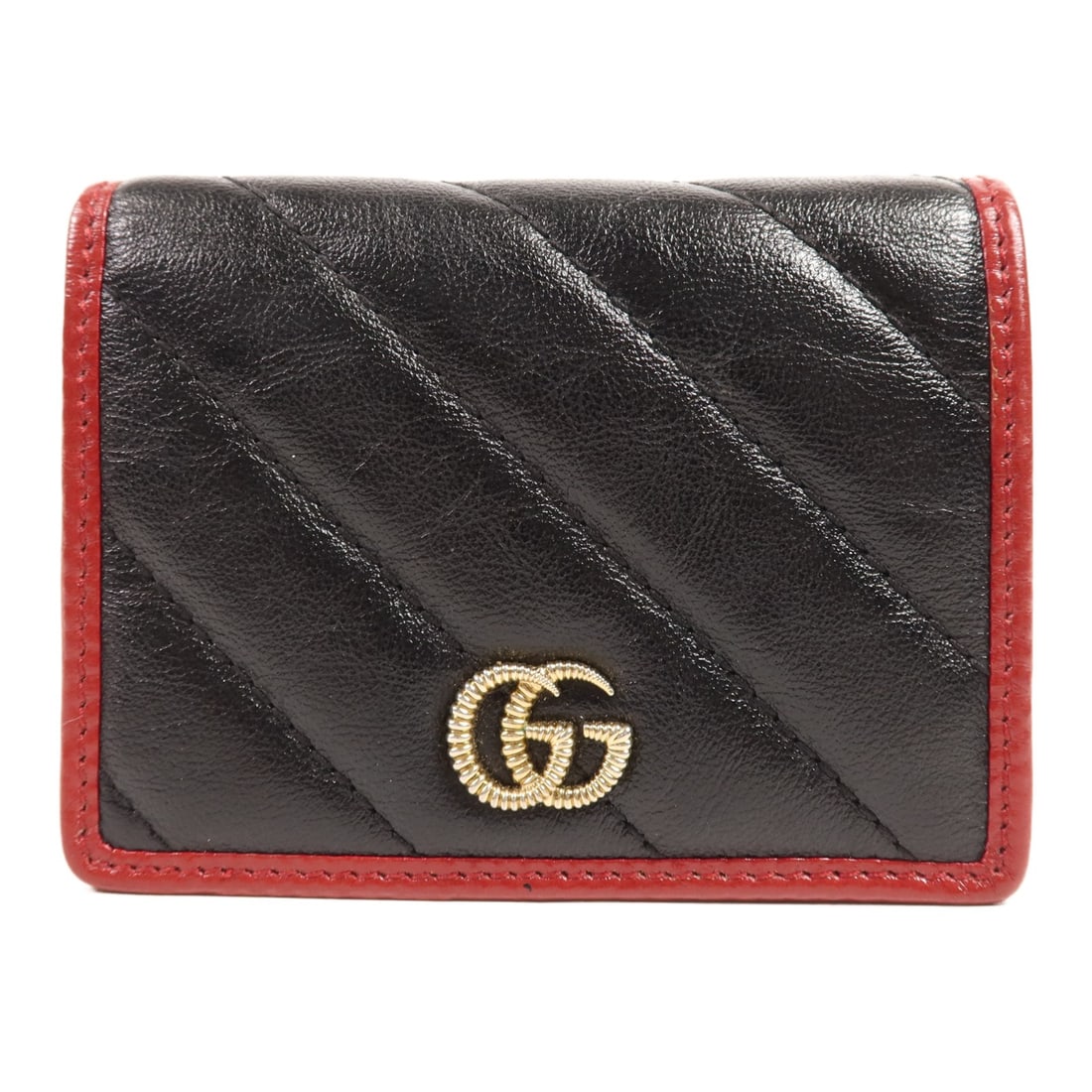 Gucci GG Marmont Calfskin Wallet 573811 Black Red: Gucci GG Marmont Calfskin Wallet 573811 Black Red Gucci GG Marmont wallet in black and red calfskin leather, model 573811. It features a hook button closure, four card slots, two open pockets, and one
