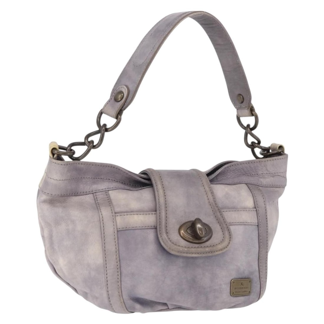 BURBERRY Gray Leather Shoulder Bag Gold Tone Hardware 195354A: BURBERRY Gray Leather Shoulder Bag Gold Tone Hardware 195354A Authentic Burberry shoulder bag in gray leather with gold tone accents. Made in Japan, this women's bag shows reasonable wear and tear con
