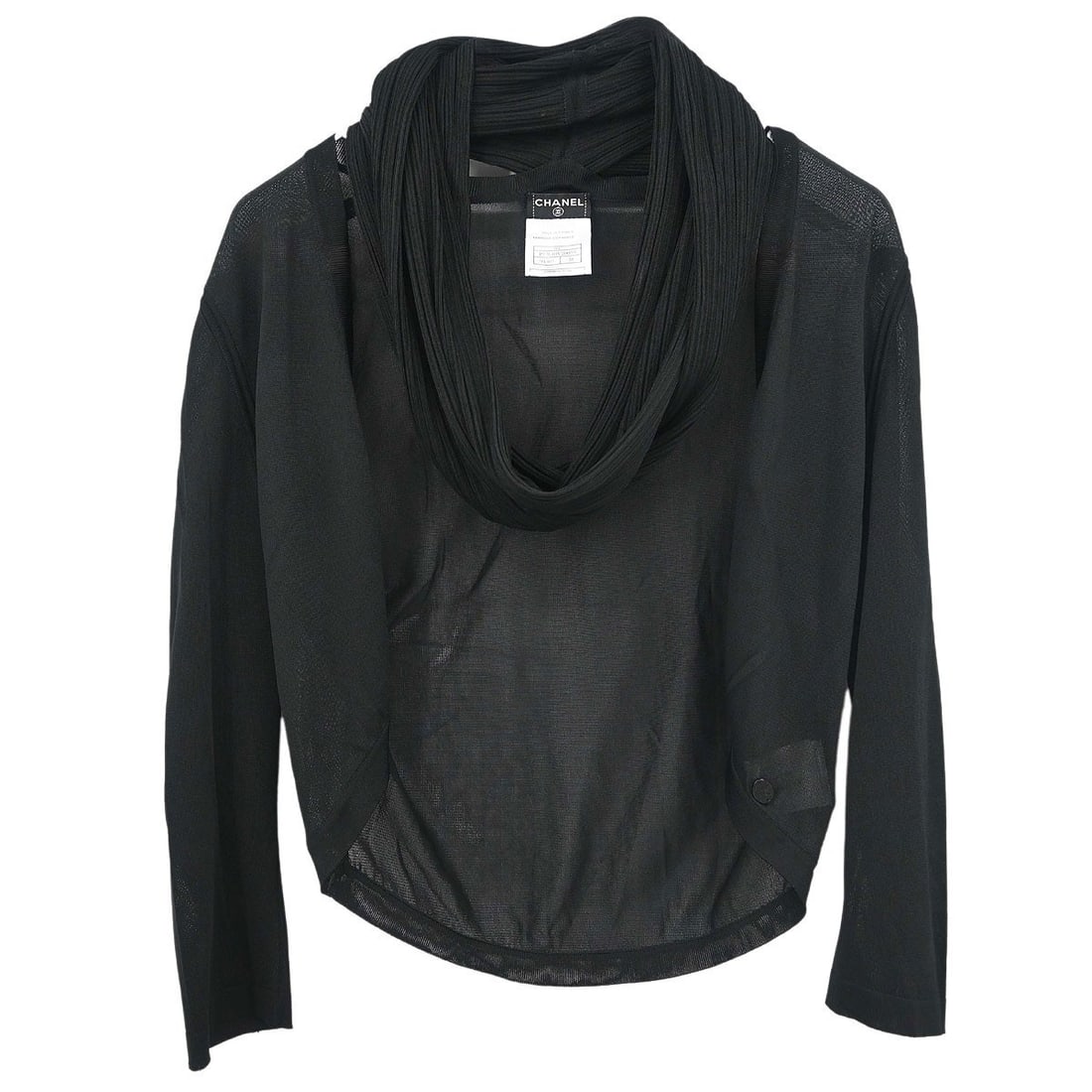 CHANEL 06C black rayon long sleeve cardigan size 38: CHANEL 06C black rayon long sleeve cardigan size 38 Black Chanel cardigan for women in a basic long-sleeve style. Made in France from 100% rayon, this regular-fit piece is marked size 38. Condition no