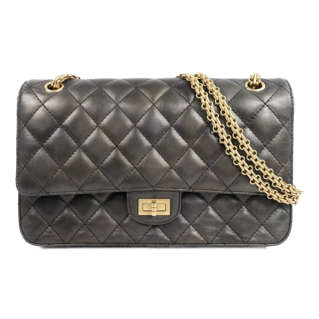 CHANEL 2.55 Large Shoulder Bag Gray Calfskin Chain Strap: CHANEL 2.55 Large Shoulder Bag Gray Calfskin Chain Strap Chanel 2.55 large chain shoulder bag in calfskin leather with CC turn-lock closure. This women's shoulder bag features an exterior open pocket 