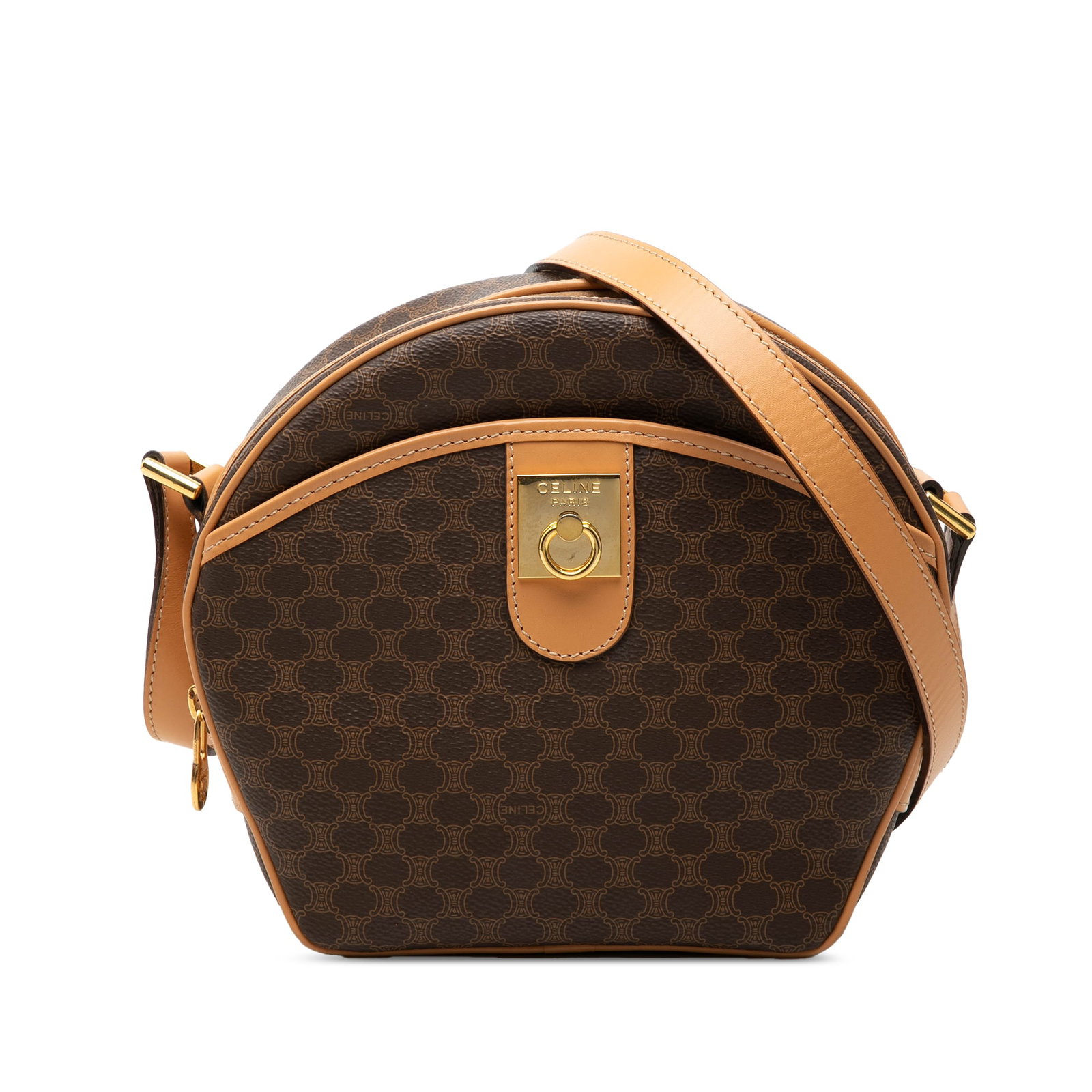 Celine Macadam crossbody bag in coated canvas with leather trim: Celine Macadam crossbody bag in coated canvas with leather trim Celine Macadam crossbody bag in brown coated canvas with leather trim. The bag features a flat shoulder strap, top zip closure, an exter