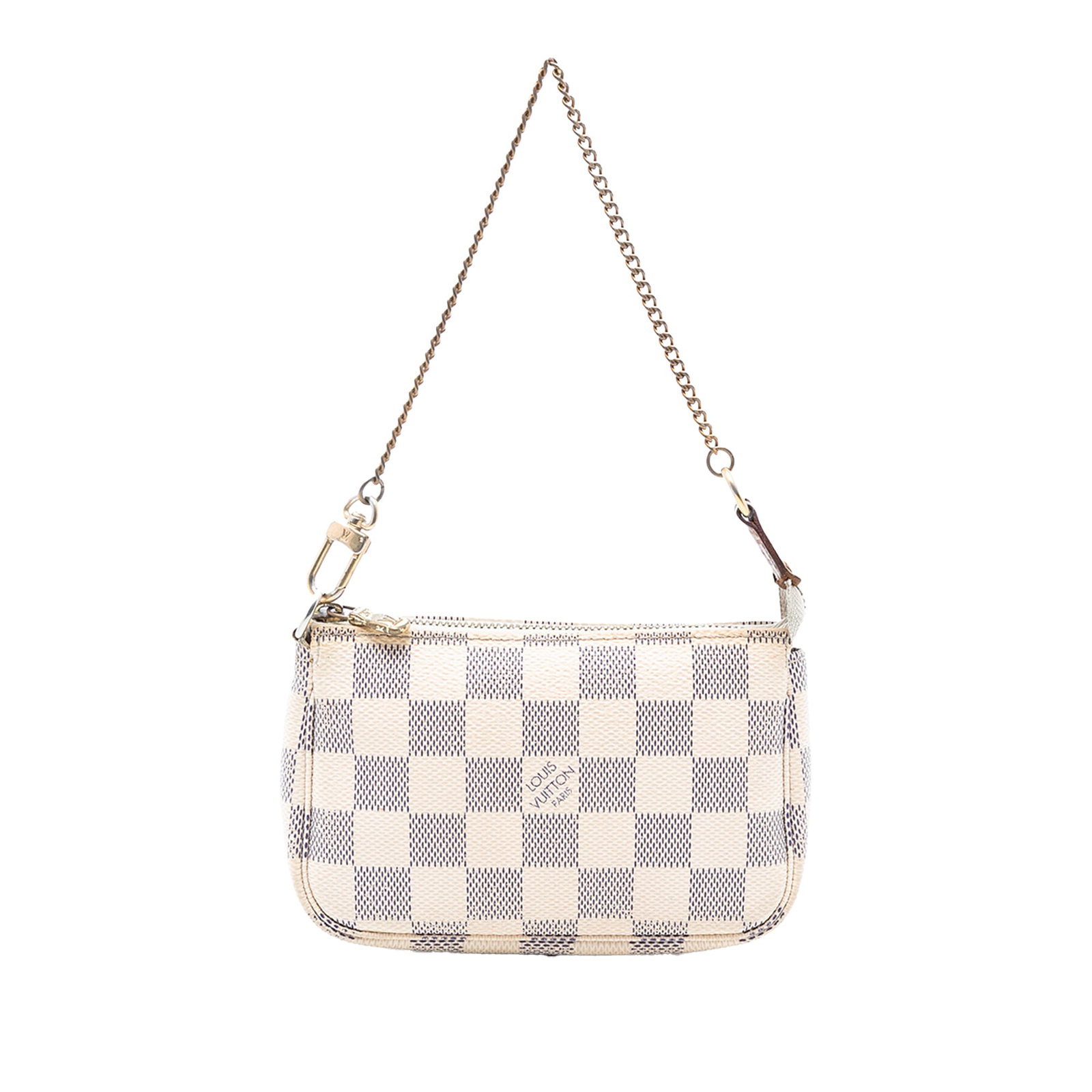 Louis Vuitton White Damier Azur Canvas Mini Pochette Bag with Chain Strap: Louis Vuitton White Damier Azur Canvas Mini Pochette Bag with Chain Strap This Louis Vuitton Mini Pochette Accessoires features the classic Damier Azur canvas in white, complemented by a chain link st