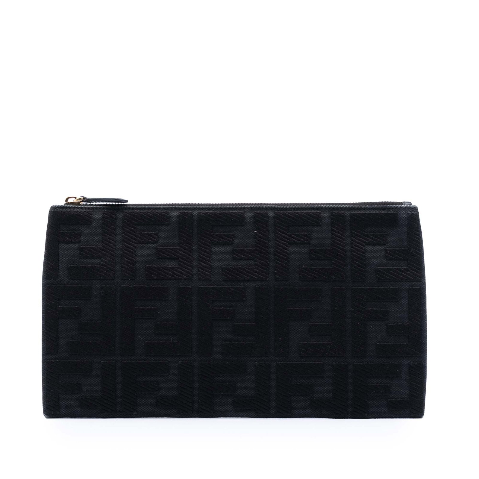 Fendi Zucca Pattern Canvas Top Zip Clutch Bag: Fendi Zucca Pattern Canvas Top Zip Clutch Bag This Fendi Zucca Canvas Clutch features a canvas body with the iconic Zucca pattern and a top zip closure. The bag is designed in black fabric and was cra