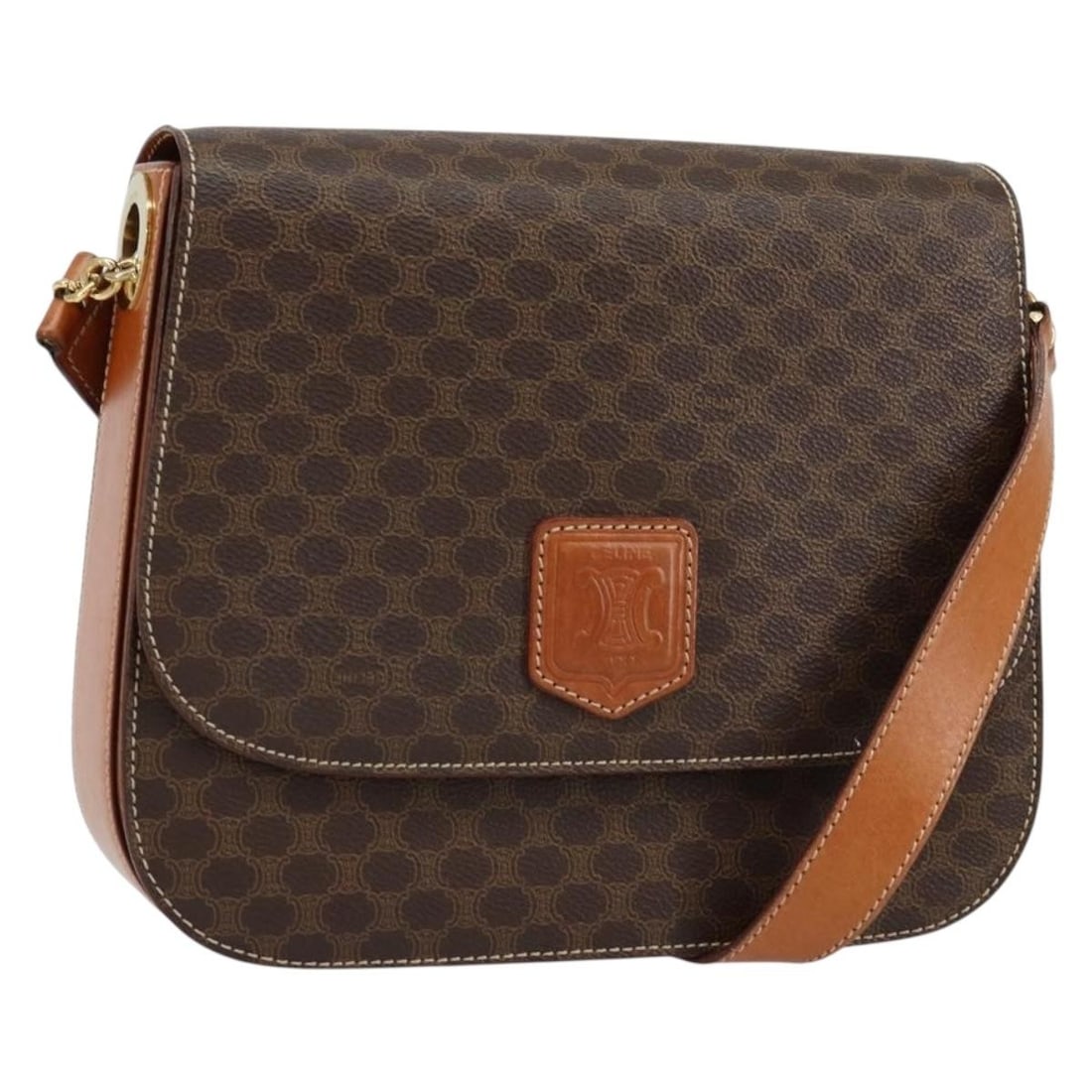 CELINE Macadam Canvas Brown Gold Shoulder Bag PVC Leather Italy: CELINE Macadam Canvas Brown Gold Shoulder Bag PVC Leather Italy This authentic CELINE Macadam Canvas Shoulder Bag is a stylish accessory crafted in Italy. Made from durable PVC leather and featuring a