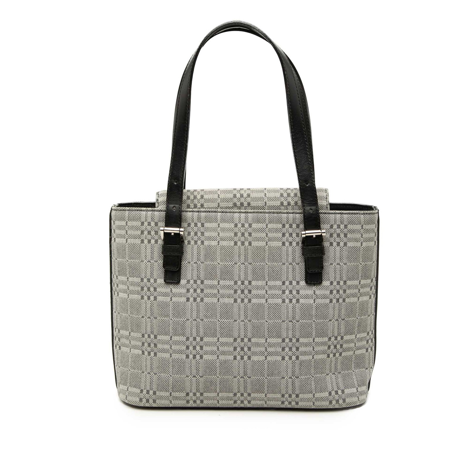 Burberry Tonal Check Gray Canvas Tote Bag with Leather Trim: Burberry Tonal Check Gray Canvas Tote Bag with Leather Trim This Burberry Tonal Check Canvas Tote is a gray bag made in the United Kingdom. It features a canvas body with leather trim, flat leather st