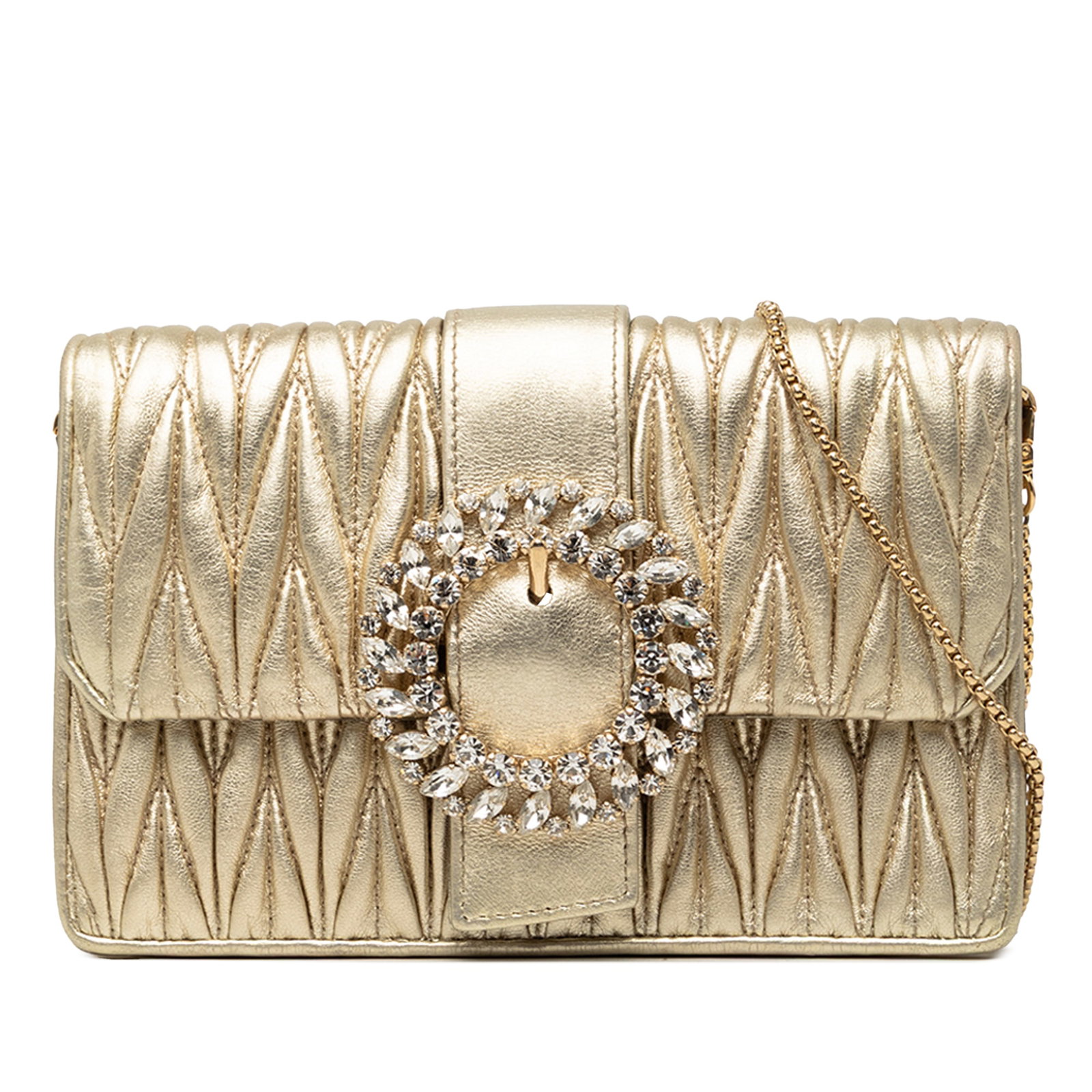 Miu Miu crystal embellished matelasse leather crossbody bag gold tone: Miu Miu crystal embellished matelasse leather crossbody bag gold tone Miu Miu metallic matelasse nappa crossbody bag with crystal embellishments and a quilted leather body. It features a gold tone cha
