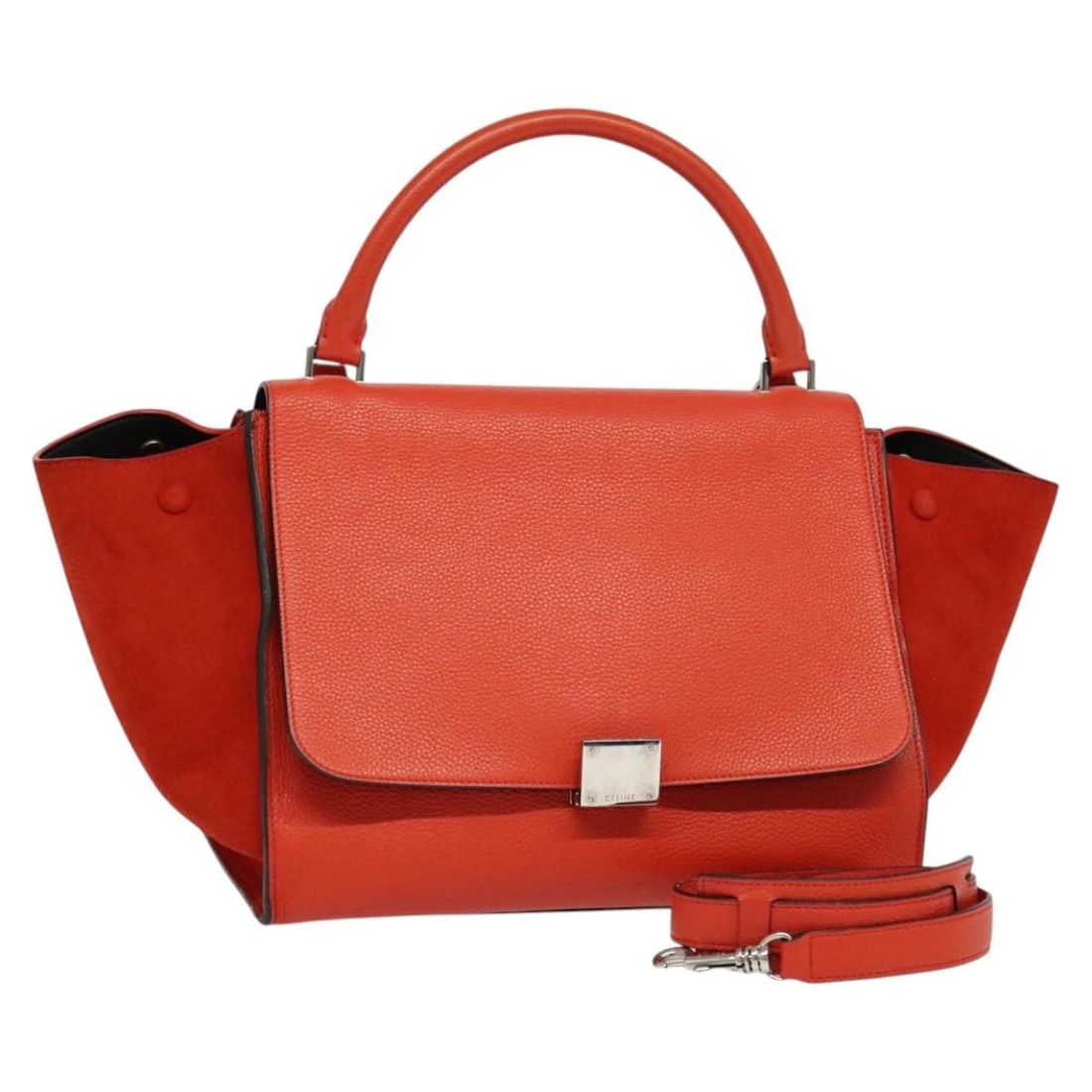 CELINE Trapeze Medium 2way Leather Handbag Red with Dust Bag Strap: CELINE Trapeze Medium 2way Leather Handbag Red with Dust Bag Strap Celine Trapeze Medium 2-way handbag in red and silver leather. Made in Italy, this women's bag includes a dust bag and shoulder strap