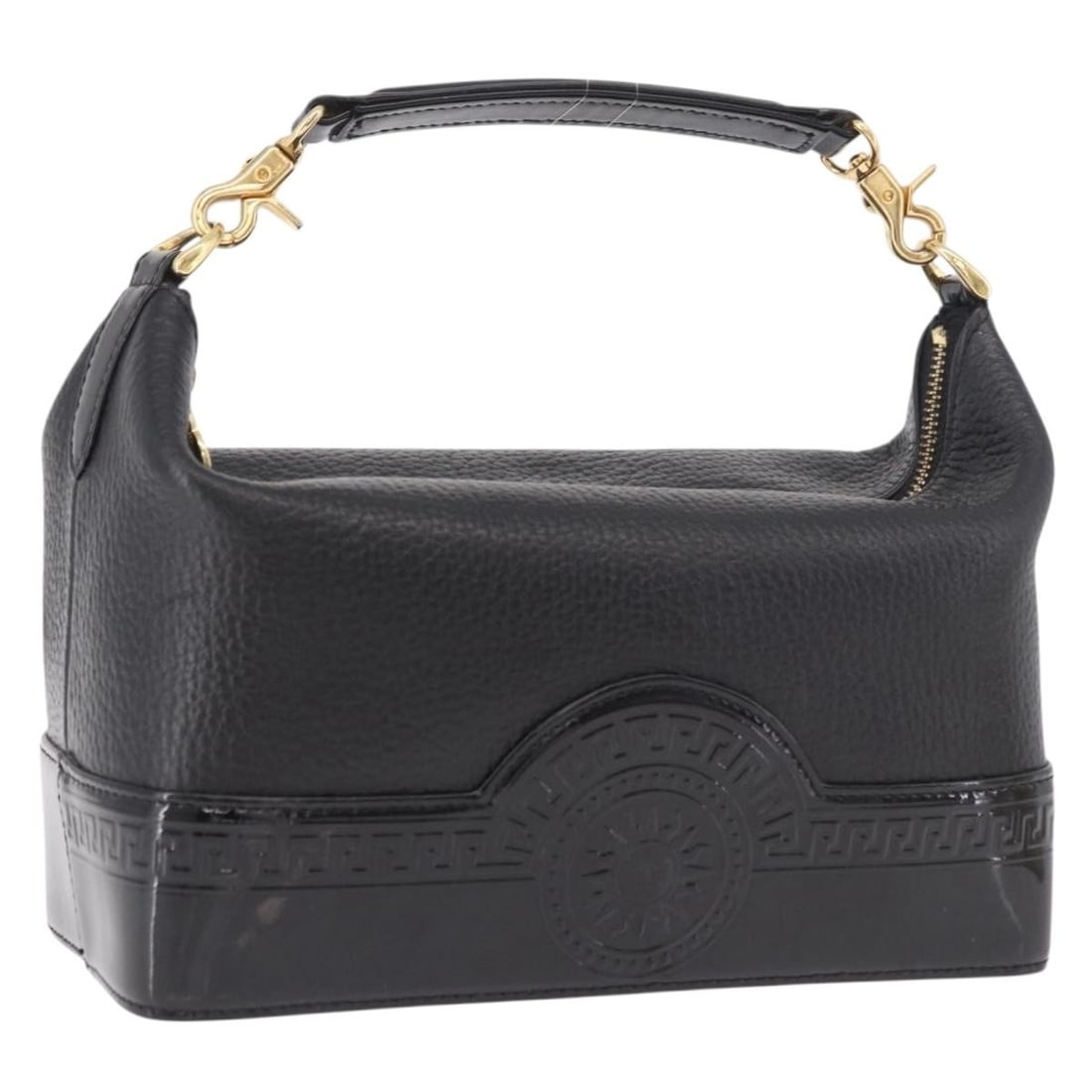 VERSACE Leather Chain Handbag Black Gold Italy: VERSACE Leather Chain Handbag Black Gold Italy Versace leather handbag in black with gold-tone accents, made in Italy. This women's handbag has a structured compact silhouette with chain detailing and