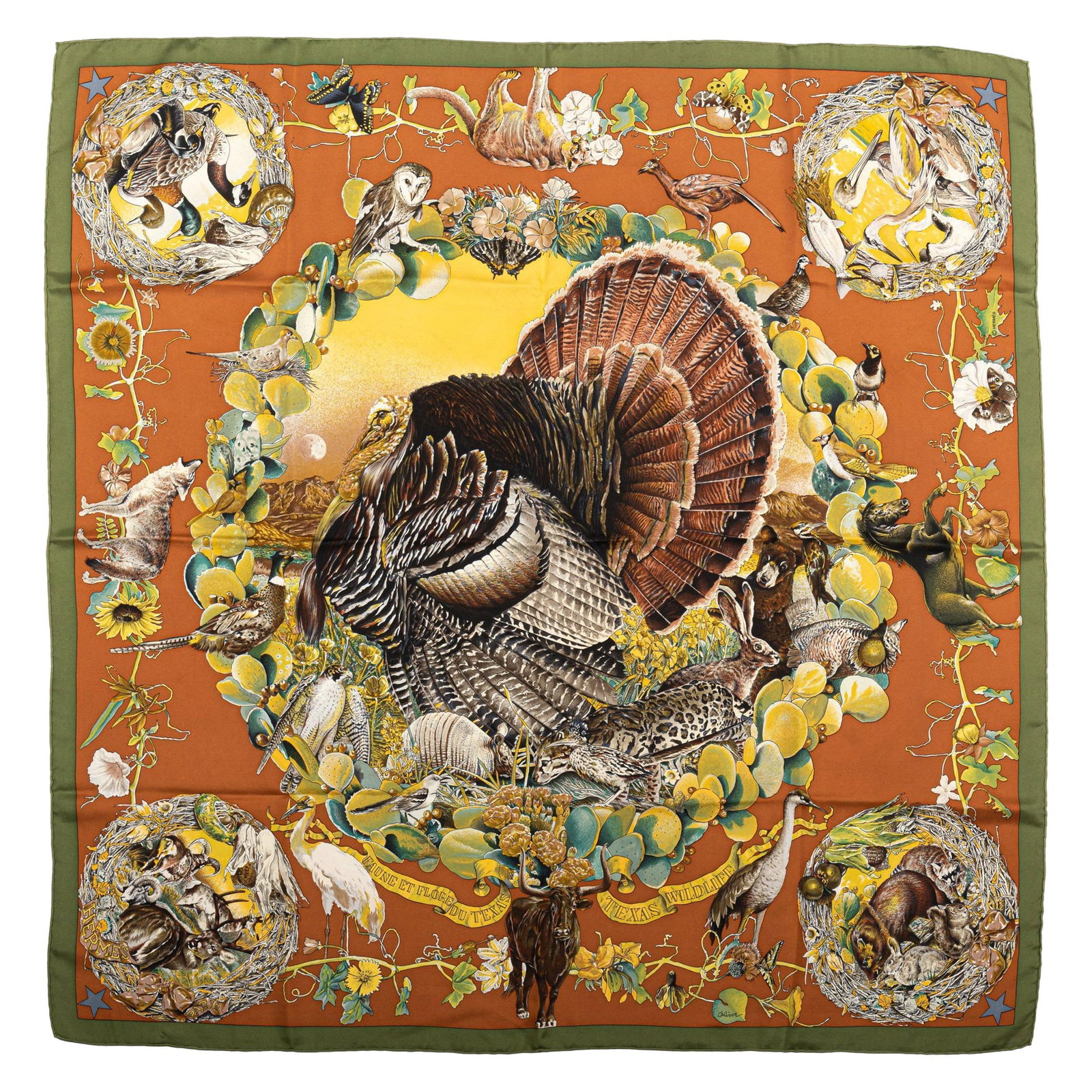 Hermes Texas Wildlife Silk Scarf by Kermit Oliver: Hermes Texas Wildlife Silk Scarf by Kermit Oliver Hermes "Texas Wildlife" silk scarf by Kermit Oliver. This collectible scarf features hand-rolled edges and is presented in excellent condition. The ca