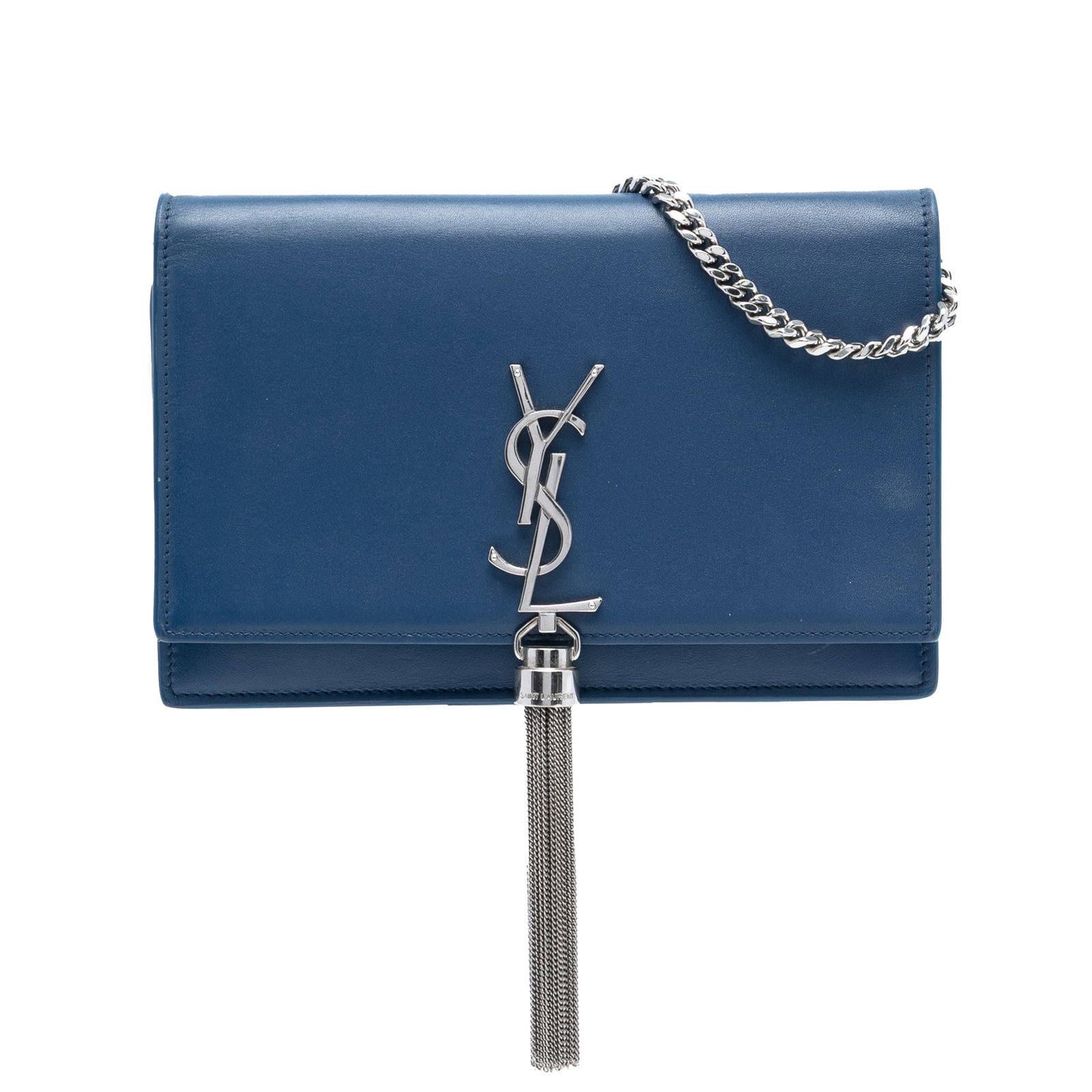 Blue Leather Kate Monogram Crossbody Bag with Tassel by Saint Laurent: Blue Leather Kate Monogram Crossbody Bag with Tassel by Saint Laurent This Saint Laurent Small Smooth Calfskin Monogram Kate Tassel Crossbody features a blue leather body with a distinctive tassel det