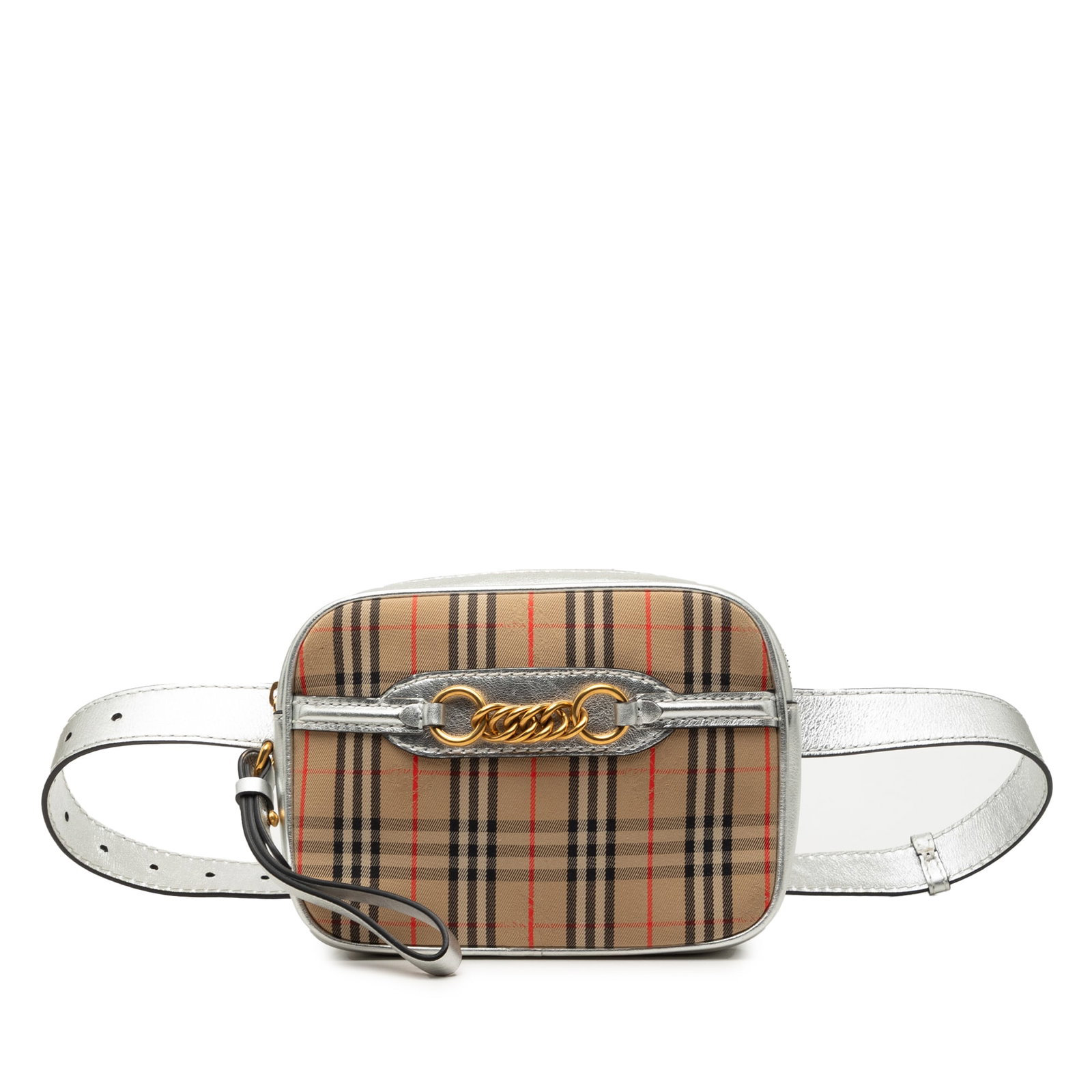 Burberry 1983 Link Belt Bag in Haymarket Check Canvas: Burberry 1983 Link Belt Bag in Haymarket Check Canvas Burberry Haymarket Check Canvas 1983 Link Belt Bag with leather trim, a flat leather wrist strap, a detachable and adjustable flat leather waist s