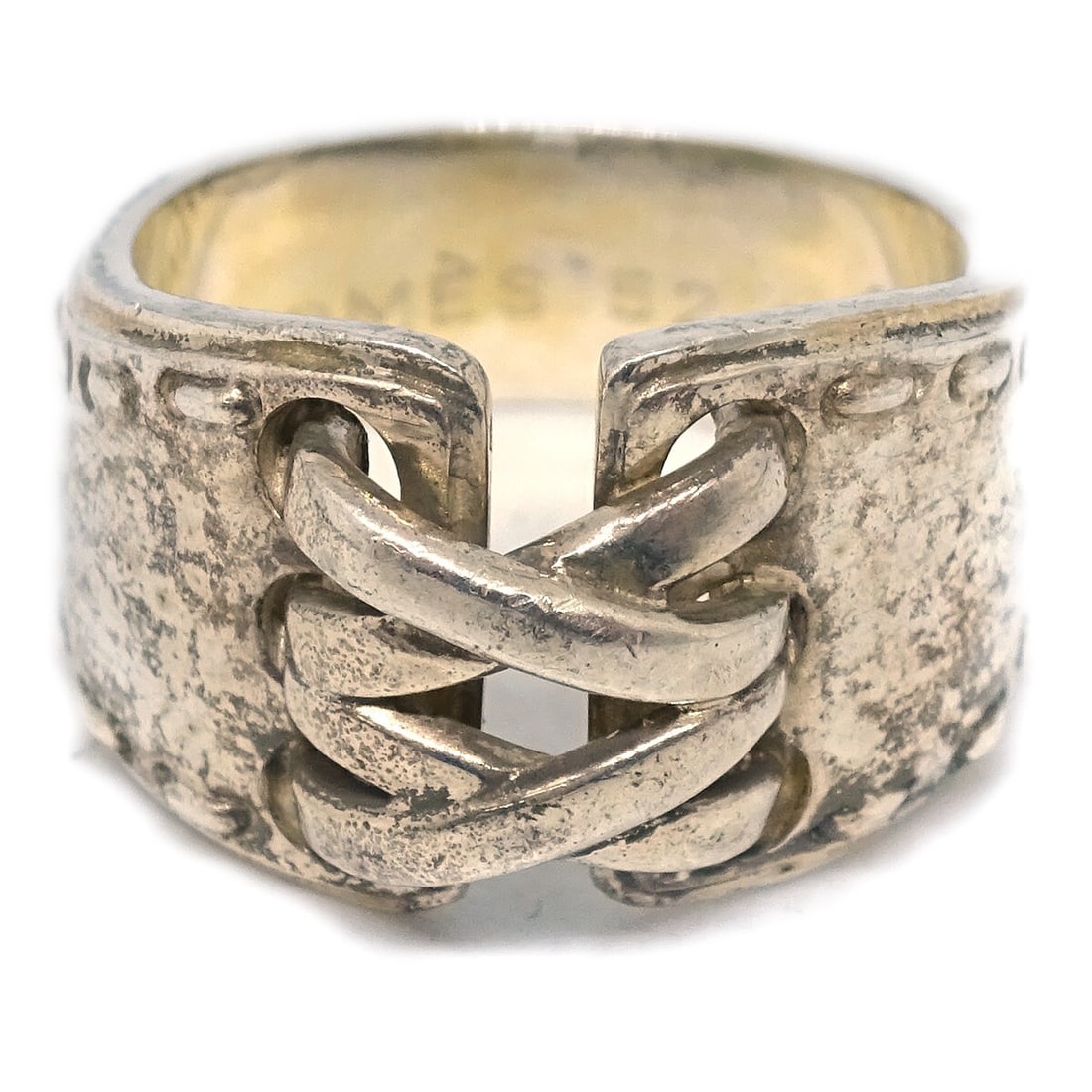 HERMES SV925 Silver Ring Round Vintage Size 52: HERMES SV925 Silver Ring Round Vintage Size 52 Vintage Hermes silver ring in SV925 with a round form and braided open-band design. Made in France, this ring shows reasonable wear and tear with dirt no