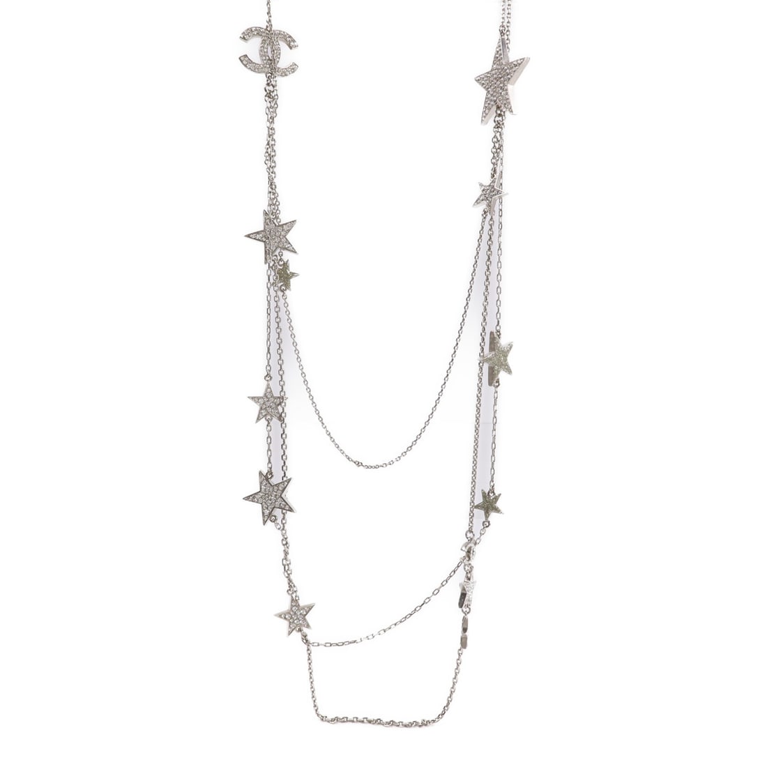 CHANEL CC Silver Tone Metal Necklace Clear Accents: CHANEL CC Silver Tone Metal Necklace Clear Accents CHANEL CC SHW necklace in silver-tone metal with clear accents. This women's regular-size necklace is made in France and is presented in very good AB