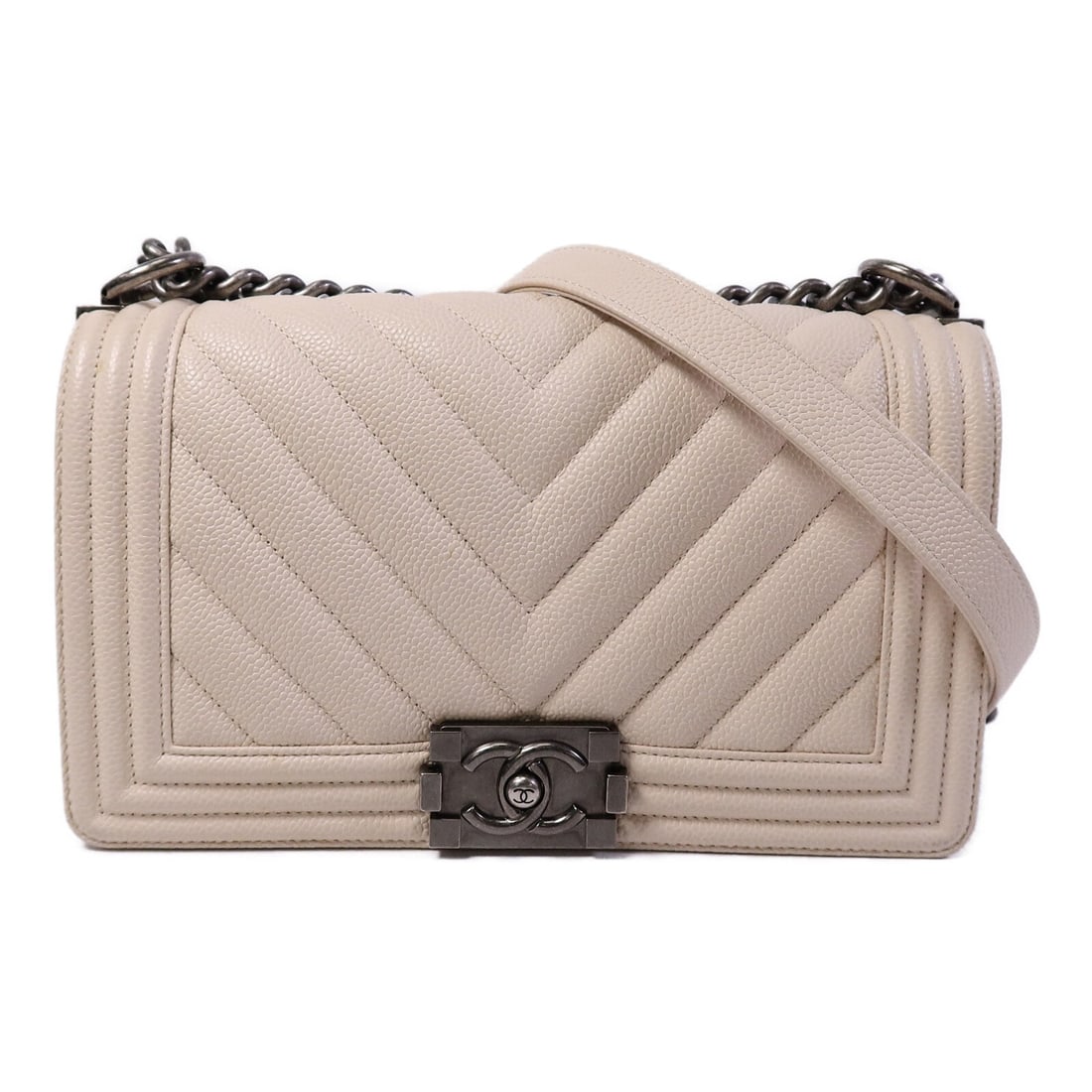 CHANEL Boy 25 A67086 Beige Calfskin Chain Shoulder Bag: CHANEL Boy 25 A67086 Beige Calfskin Chain Shoulder Bag A CHANEL Boy 25 chain shoulder bag in beige calfskin leather, model A67086. It features a flap pocket and comes with the listed accessories: stor