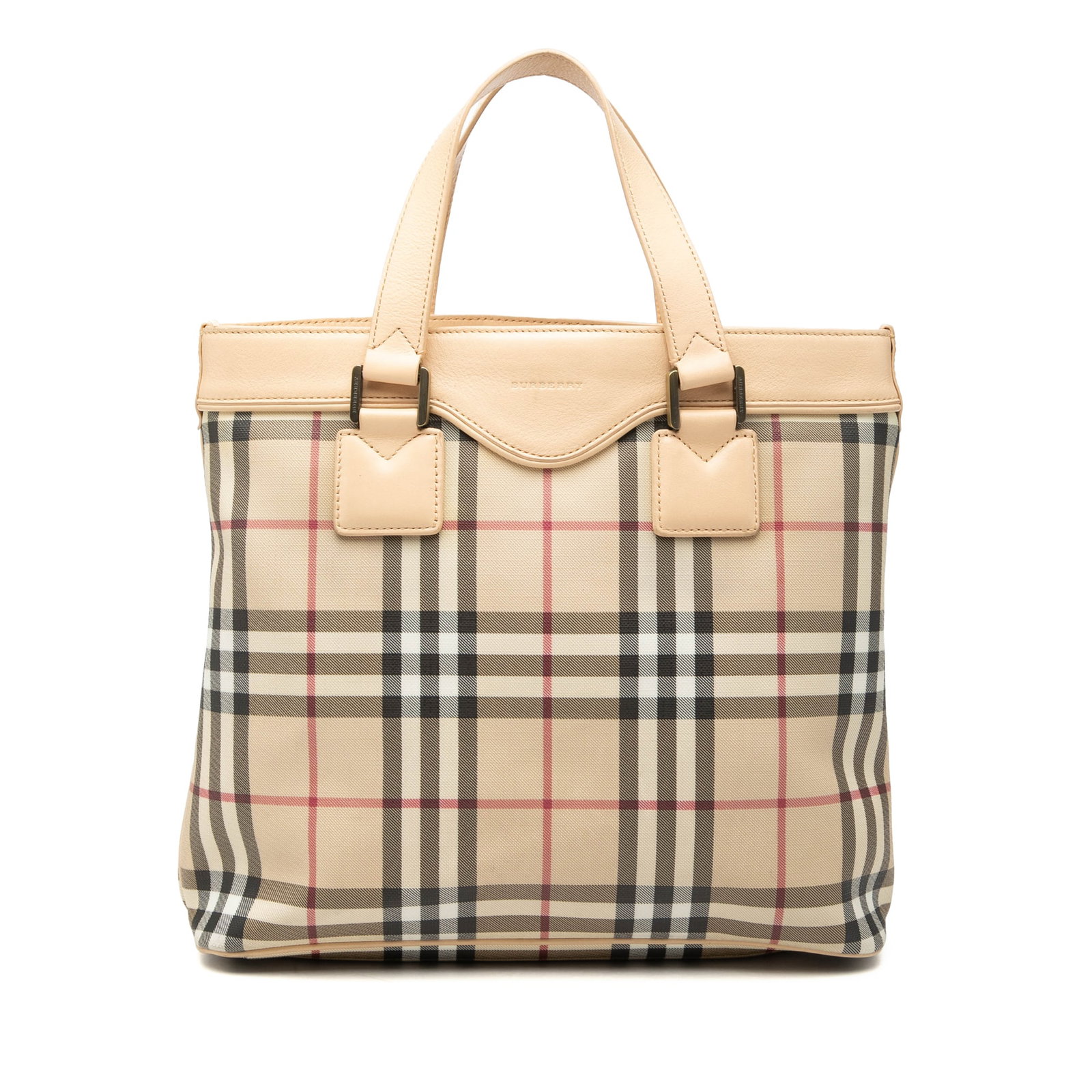 Burberry beige house check canvas tote handbag: Burberry beige house check canvas tote handbag This Burberry House Check Canvas Handbag features the iconic house check canvas with leather trim, flat leather handles, and an open top secured by a mag