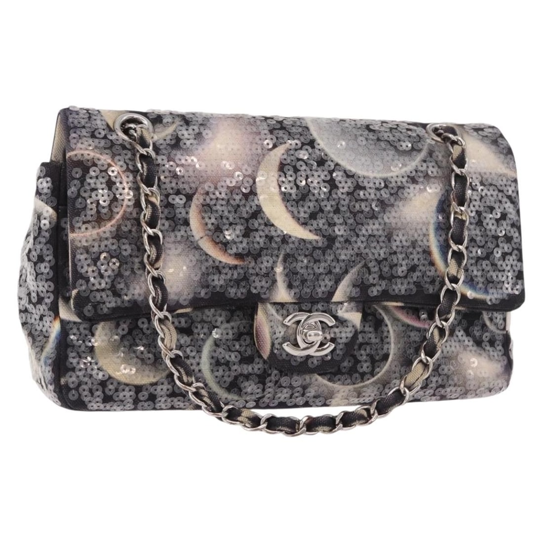 CHANEL Space Pattern Canvas Shoulder Bag Black Silver Chain Strap: CHANEL Space Pattern Canvas Shoulder Bag Black Silver Chain Strap CHANEL double flap chain shoulder bag in black and silver canvas. It measures approximately 25 cm wide, 14 cm high, and 6 cm deep, wit