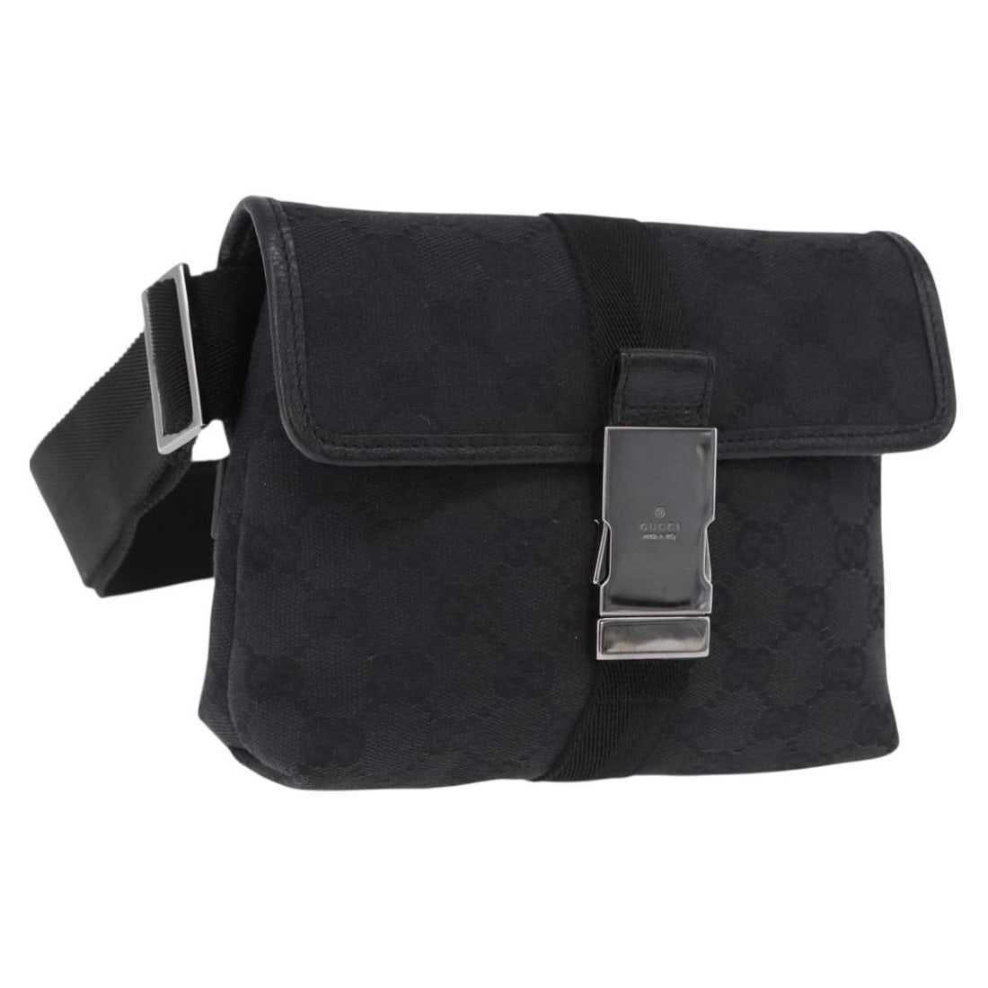 Gucci 131236 GG Canvas Belt Bag Black Silver: Gucci 131236 GG Canvas Belt Bag Black Silver Authentic Gucci waist bag in black and silver GG canvas with an adjustable strap and included dust bag. Made in Italy, this women's bag shows reasonable we