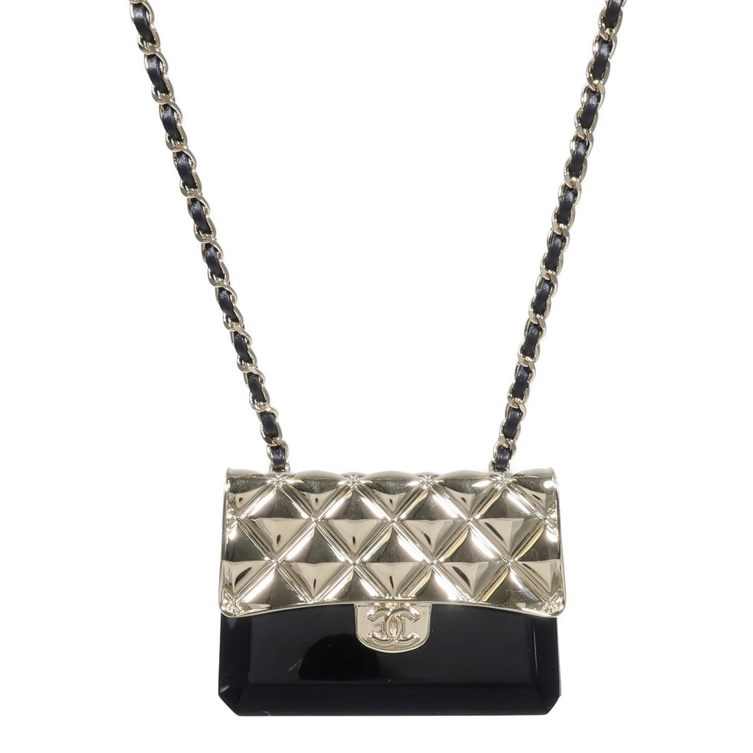 CHANEL CC Black and Gold Tone Metal Necklace with Box: CHANEL CC Black and Gold Tone Metal Necklace with Box CHANEL CC necklace in black and gold-tone metal with an oversized CC motif. Includes a storage box. Condition is AB: Very Good. Specifications Bra