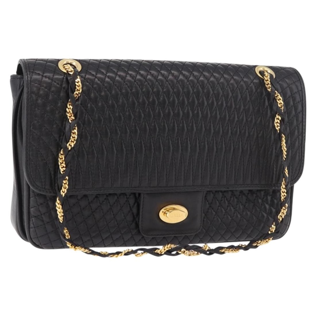 Bally Leather Shoulder Bag Double Flap Chain Black Gold (1 of 18)
