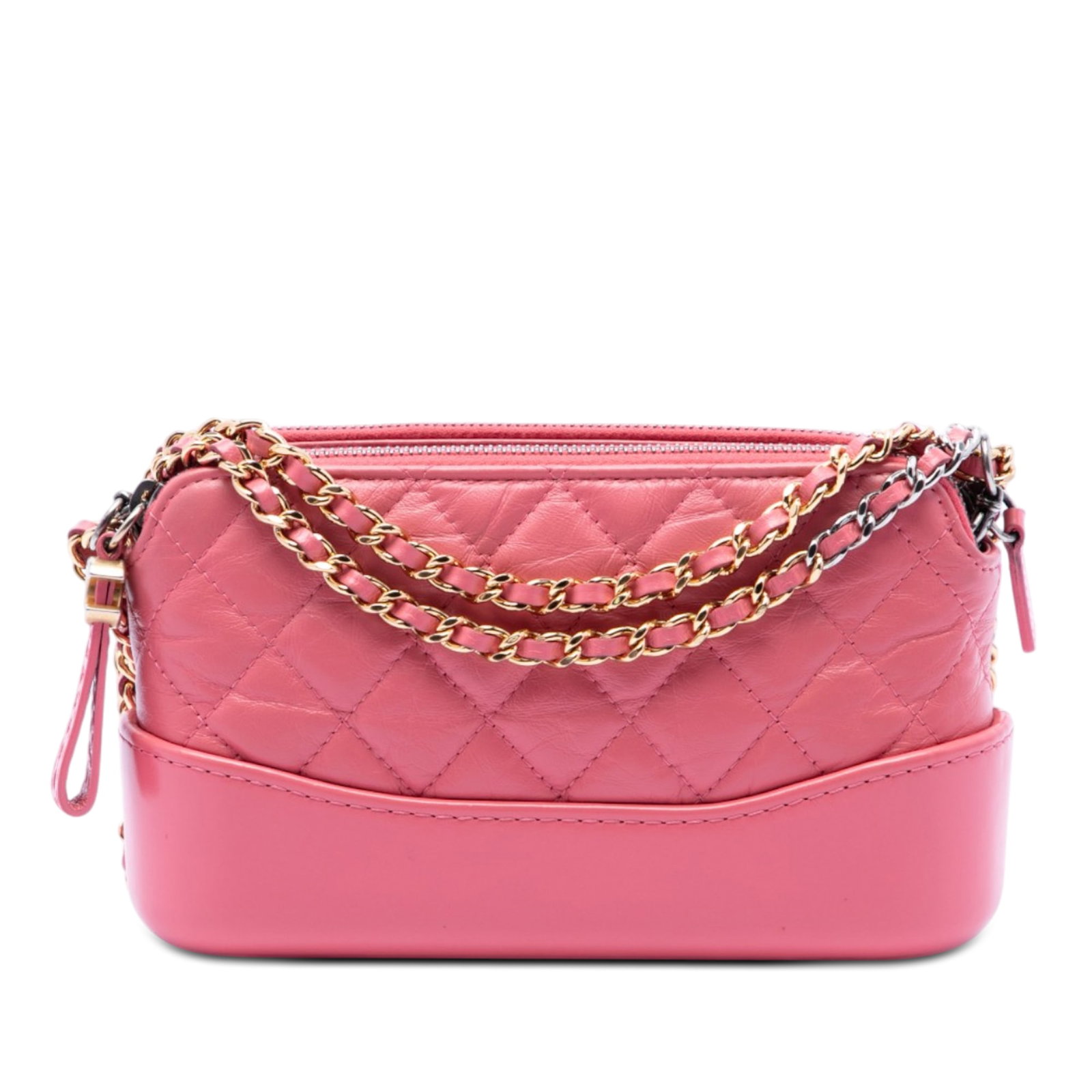 Chanel Gabrielle Double Zip Chain Clutch in Pink Aged Calfskin: Chanel Gabrielle Double Zip Chain Clutch in Pink Aged Calfskin A Chanel crossbody bag in quilted aged calfskin leather, featuring a leather-woven chain strap and dual top zip closures. Made in Italy, 
