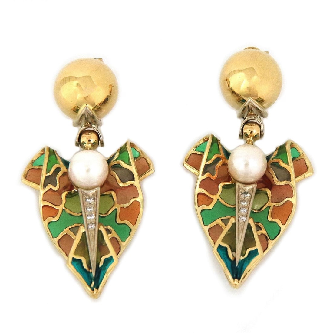 18k Yellow Gold Plique-a-Jour Pearl Dangle Earrings with Diamond Accents: 18k Yellow Gold Plique-a-Jour Pearl Dangle Earrings with Diamond Accents Vintage estate dangle earrings featuring plique-a-jour enamel in 18k yellow gold, accented with natural diamonds and cultured p