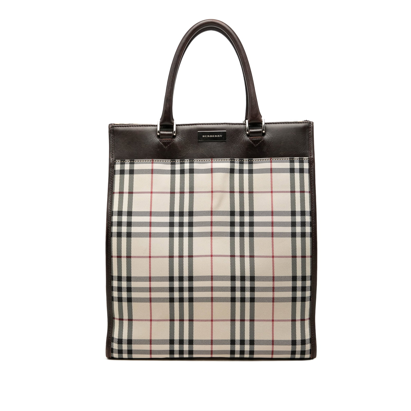 Burberry House Check Tote Bag in Canvas with Leather Trim: Burberry House Check Tote Bag in Canvas with Leather Trim Burberry House Check Canvas Tote with leather trim and rolled leather handles. The bag features an open top with a magnetic snap closure and a